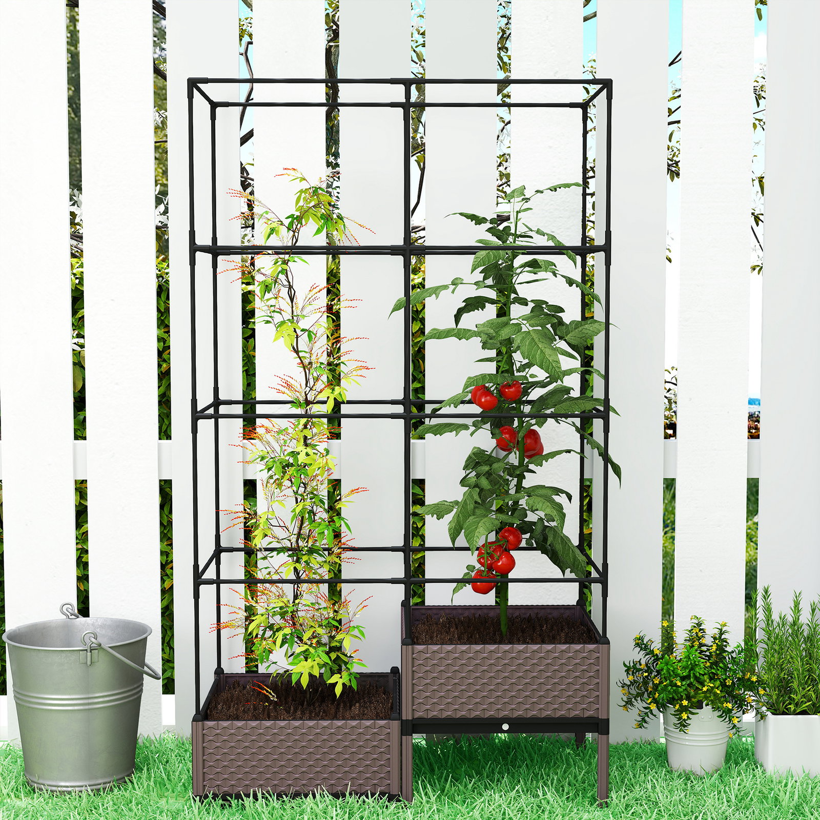 Floreira com grade metálica para plantas trepadeiras 2 caixas de PP com orifícios de drenagem 100x50x174 cm preto