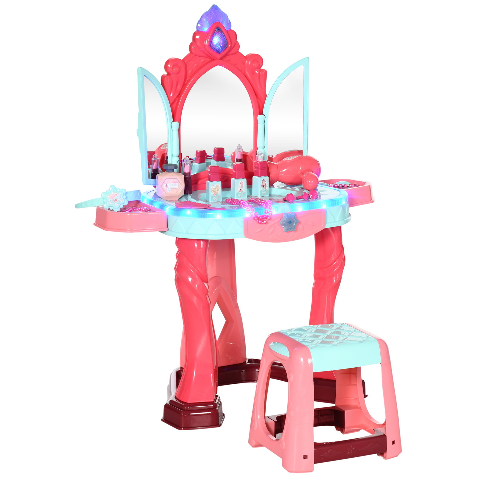 Toucador infantil com banco espelho luz música e secador inclui 18 acessórios toucador de maquilhagem 57x34x76cm multicor