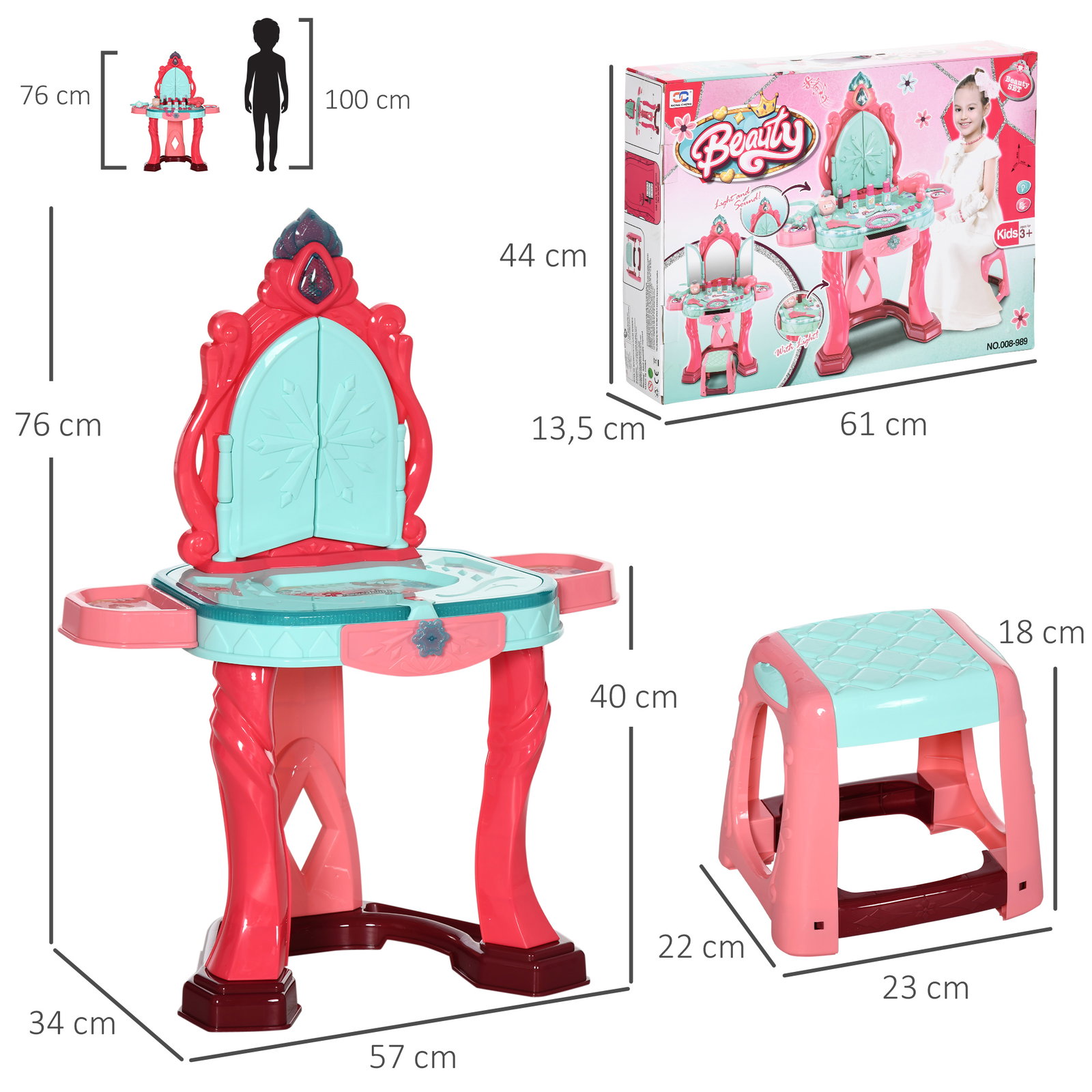 Toucador infantil com banco espelho luz música e secador inclui 18 acessórios toucador de maquilhagem 57x34x76cm multicor