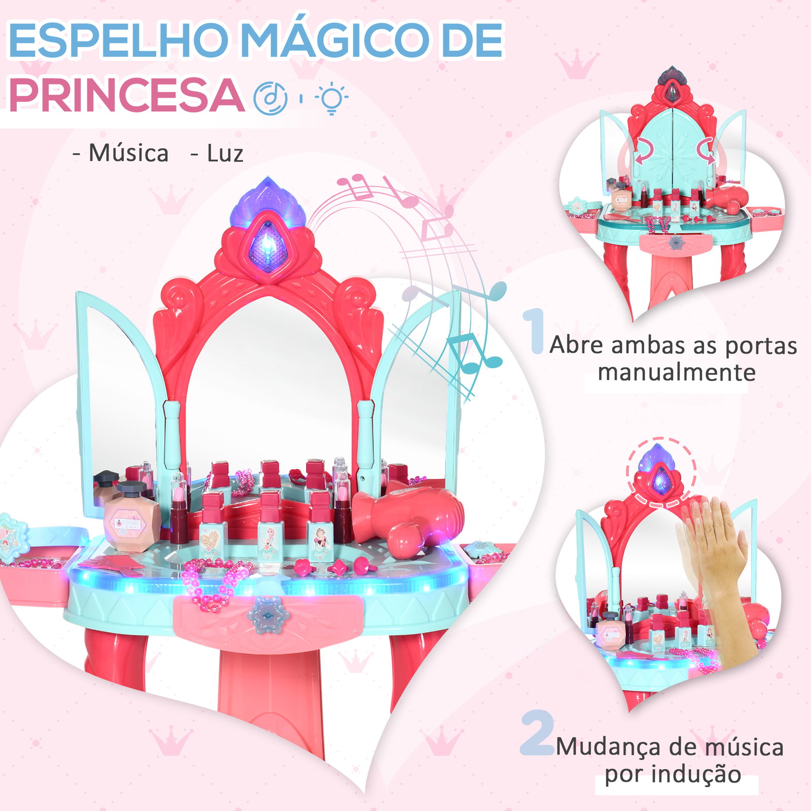 Toucador infantil com banco espelho luz música e secador inclui 18 acessórios toucador de maquilhagem 57x34x76cm multicor
