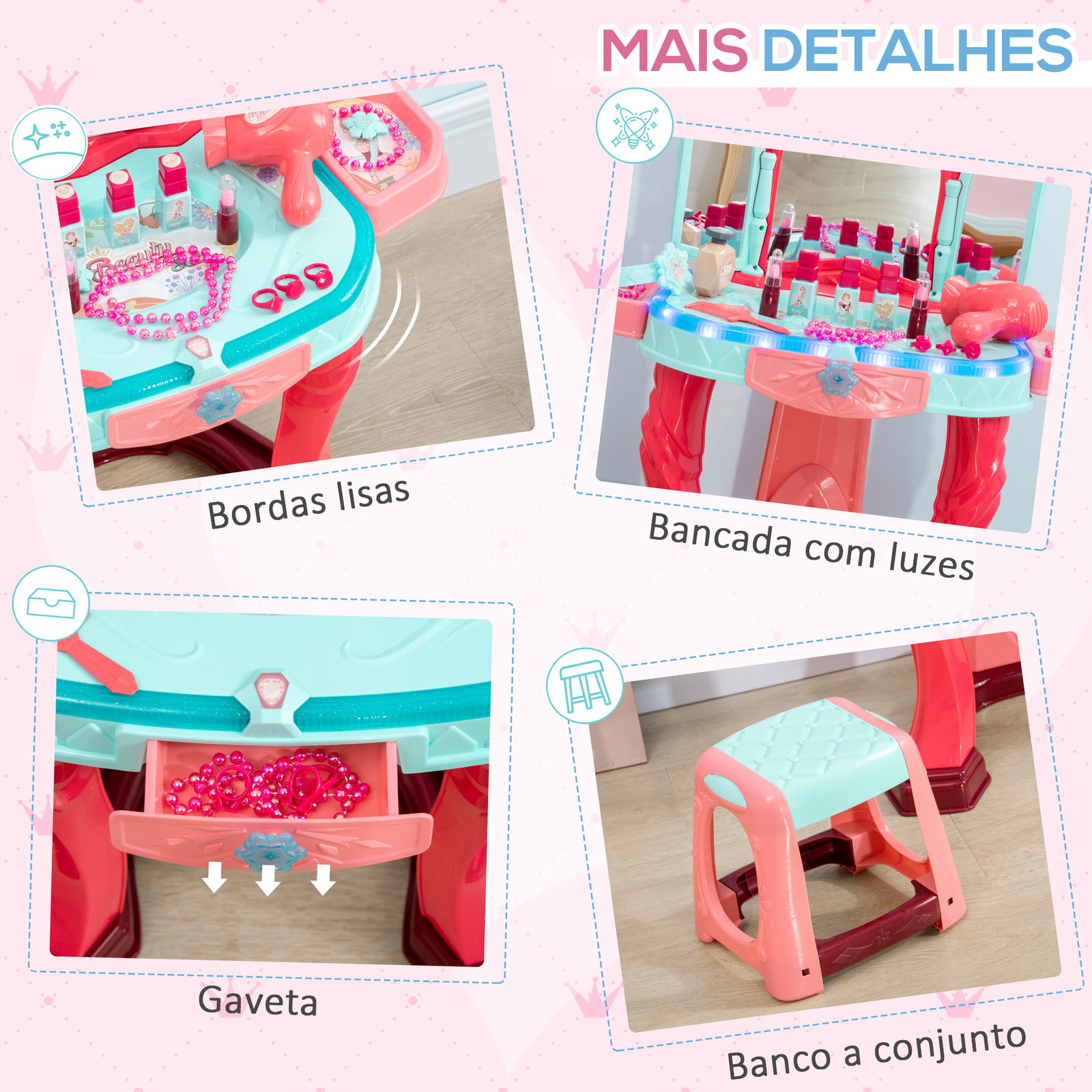Toucador infantil com banco espelho luz música e secador inclui 18 acessórios toucador de maquilhagem 57x34x76cm multicor