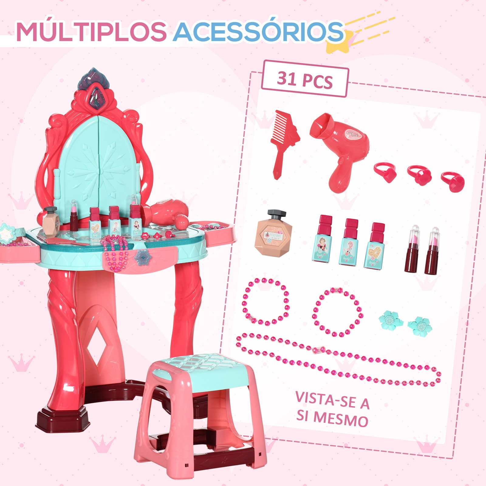 Toucador infantil com banco espelho luz música e secador inclui 18 acessórios toucador de maquilhagem 57x34x76cm multicor