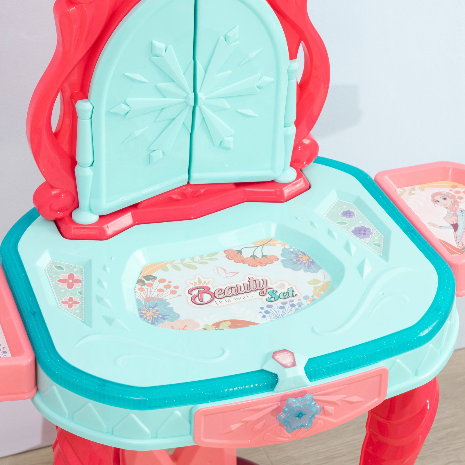 Toucador infantil com banco espelho luz música e secador inclui 18 acessórios toucador de maquilhagem 57x34x76cm multicor