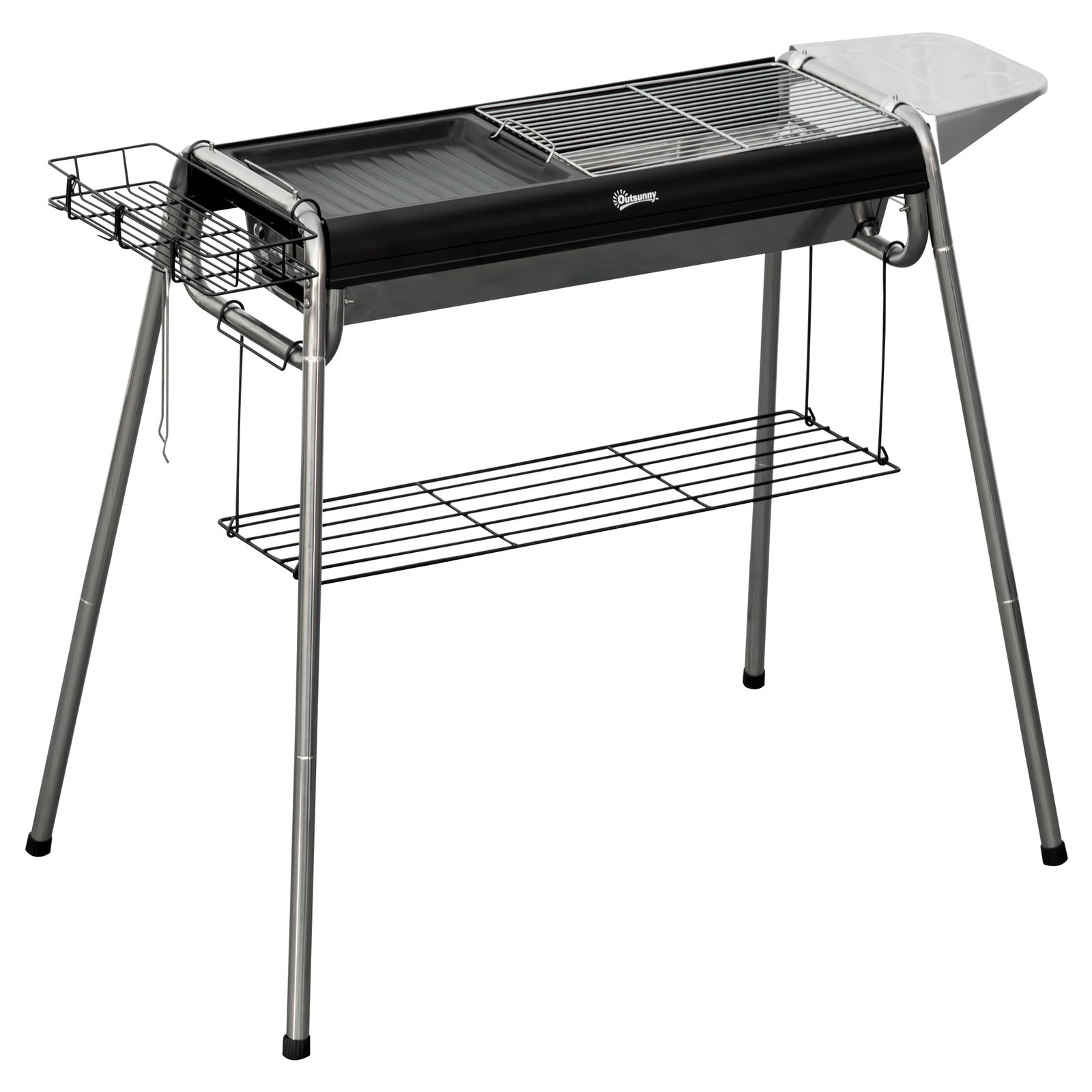 Barbecue a carvão portátil com grelha de aço inoxidável prateleira para temperos e prateleira de armazenamento 96x61x72 cm preto