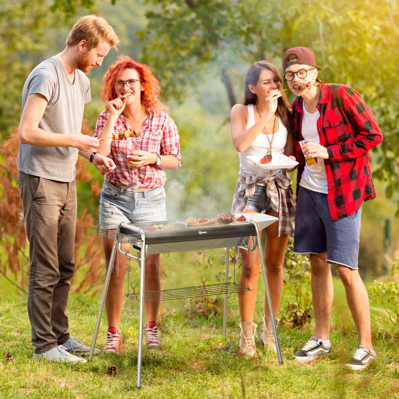 Barbecue a carvão portátil com grelha de aço inoxidável prateleira para temperos e prateleira de armazenamento 96x61x72 cm preto