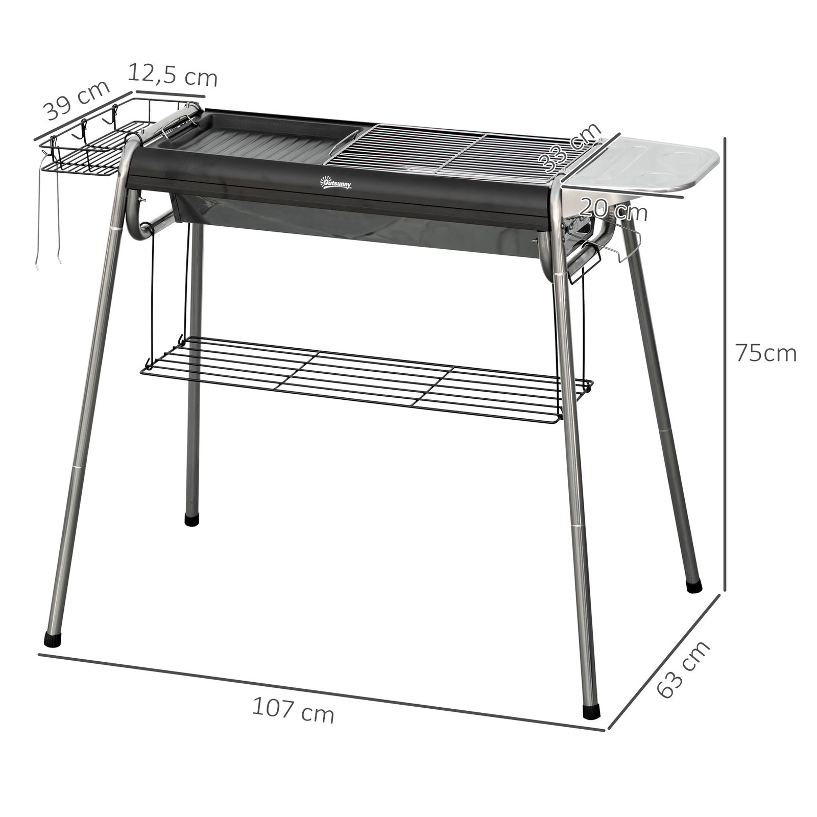Barbecue a carvão portátil com grelha de aço inoxidável prateleira para temperos e prateleira de armazenamento 96x61x72 cm preto
