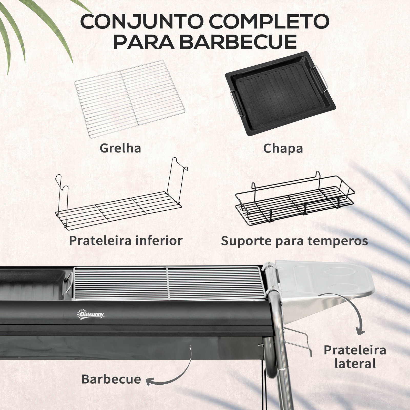 Barbecue a carvão portátil com grelha de aço inoxidável prateleira para temperos e prateleira de armazenamento 96x61x72 cm preto