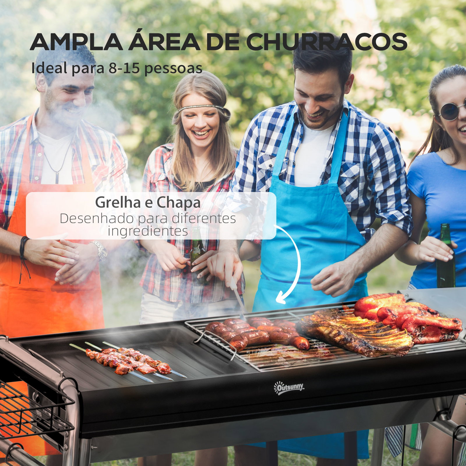 Barbecue a carvão portátil com grelha de aço inoxidável prateleira para temperos e prateleira de armazenamento 96x61x72 cm preto