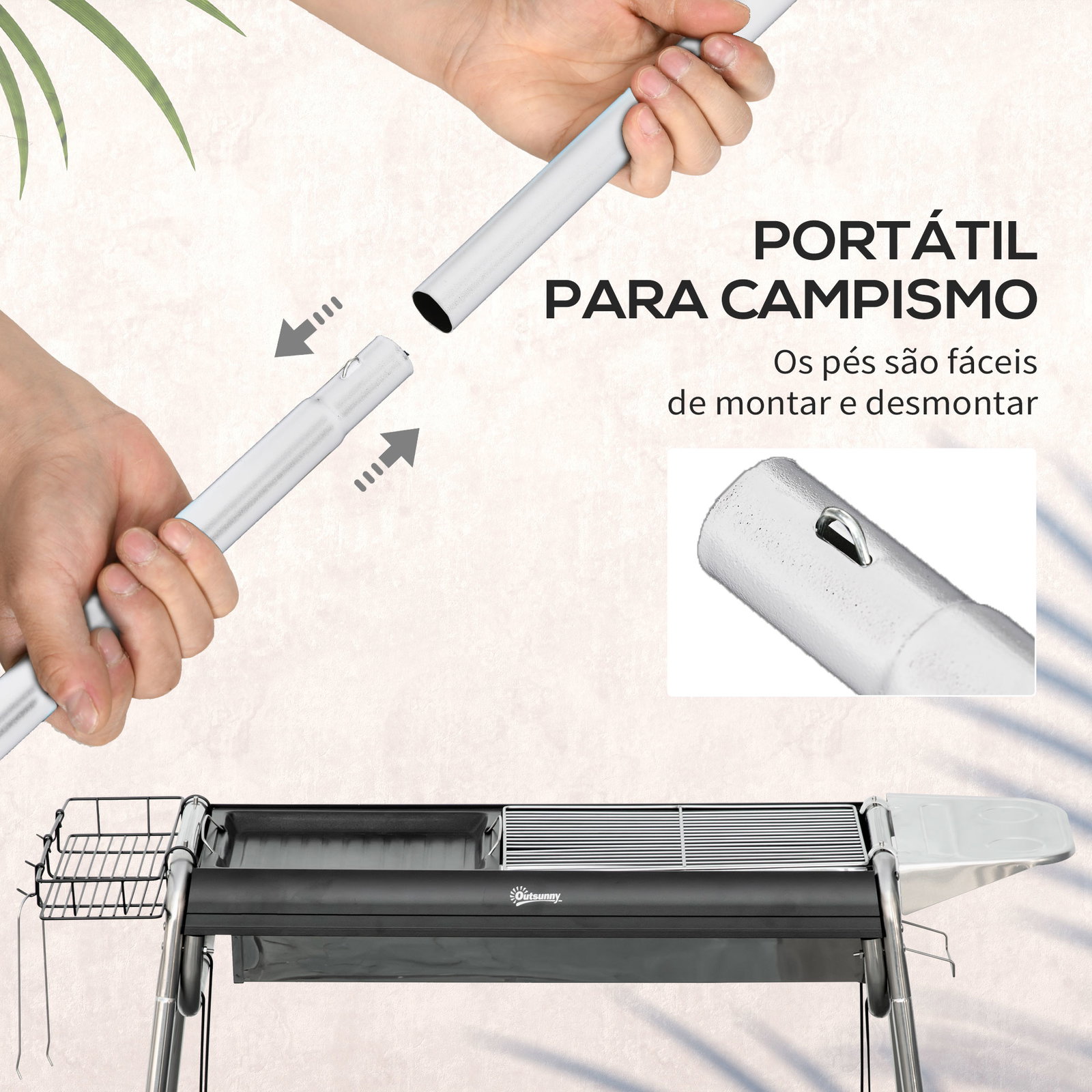 Barbecue a carvão portátil com grelha de aço inoxidável prateleira para temperos e prateleira de armazenamento 96x61x72 cm preto