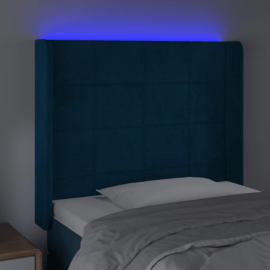 Cabeceira cama c/ luzes LED veludo 93x16x118/128 cm azul-escuro