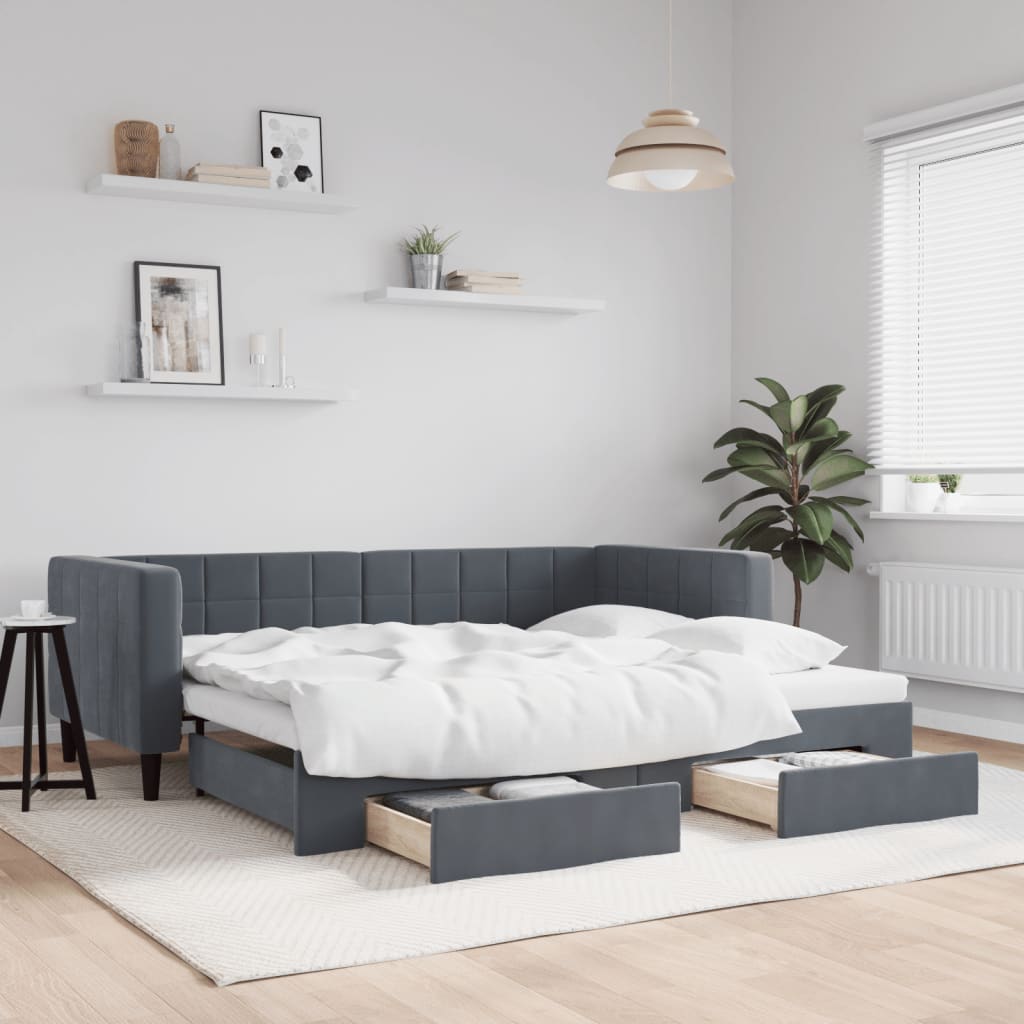 Sofá-cama c/ gavetão e gavetas 90x190 cm veludo cinzento-escuro