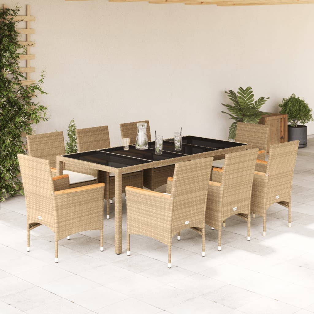 9 Pcs conjunto jantar jardim com almofadões vime PE/vidro bege