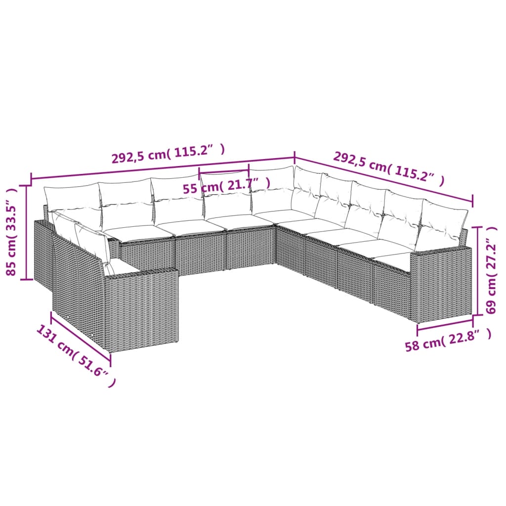 11 Pcs conjunto sofás de jardim c/ almofadões vime PE cinzento