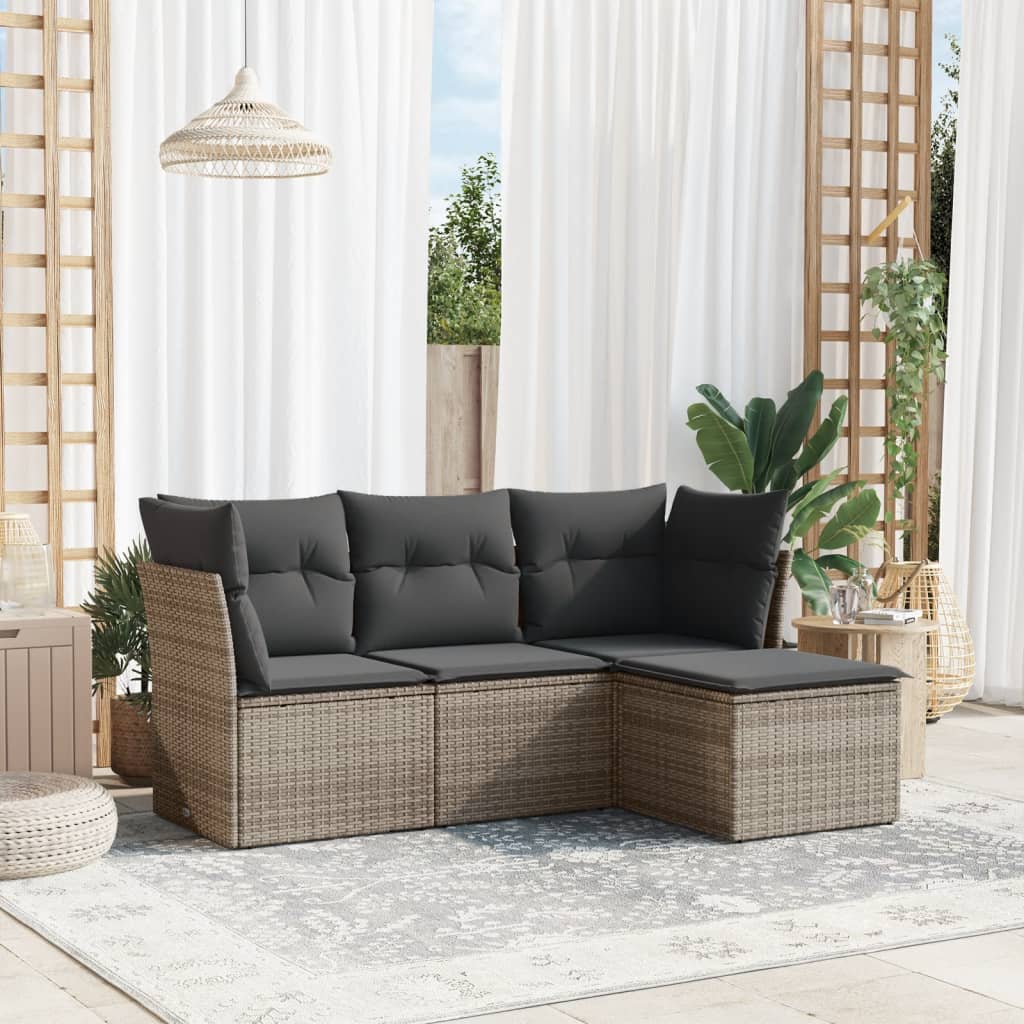 4 Pcs conjunto sofás de jardim c/ almofadões vime PE cinzento