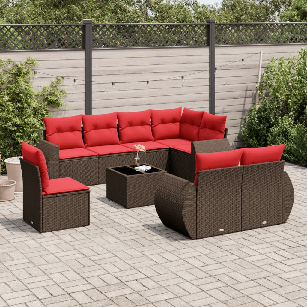 Conjunto de sofá de jardim com 9 peças e almofadas em rattan sintético marrom