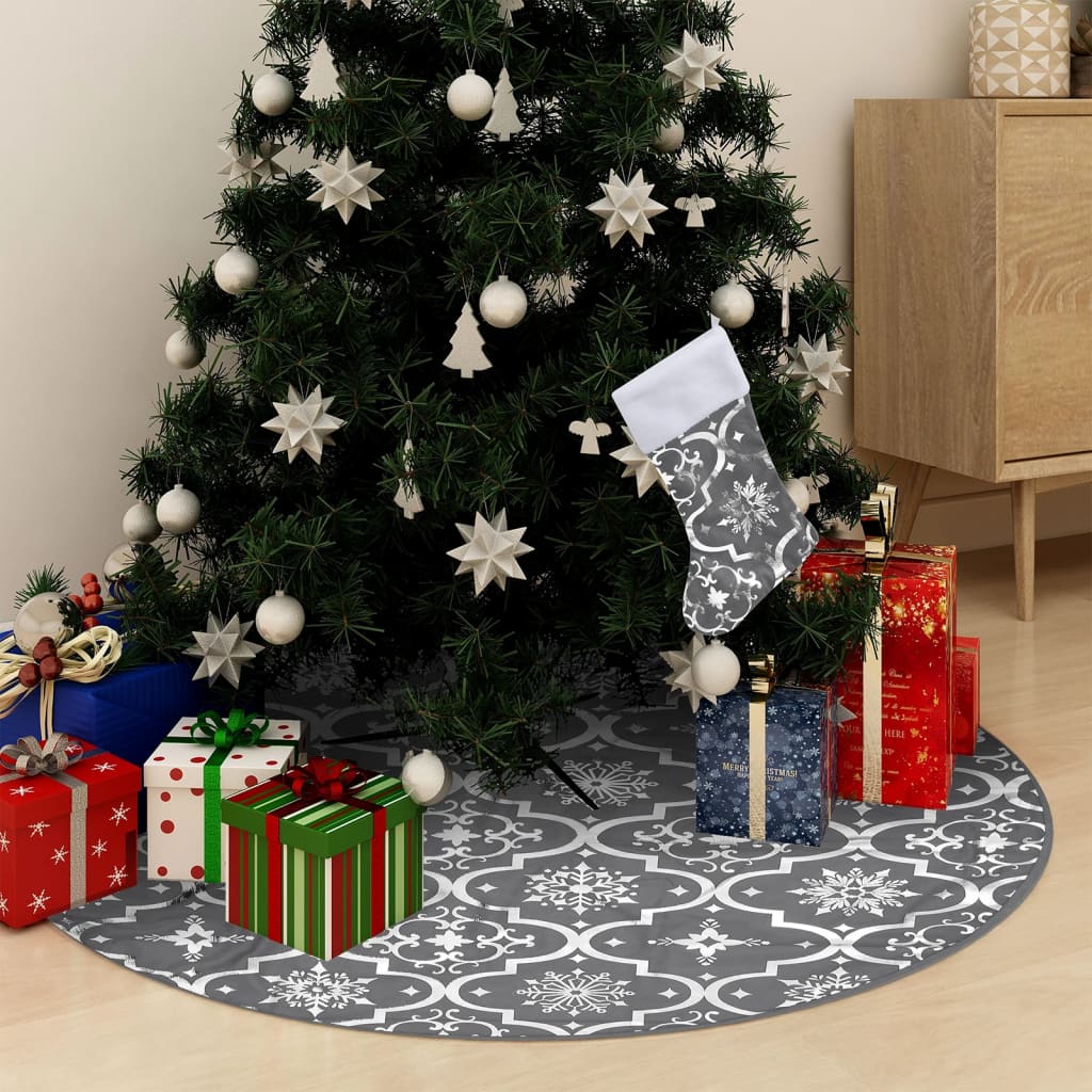 Saia de árvore de natal luxuosa 90 cm com meia tecido cinzento