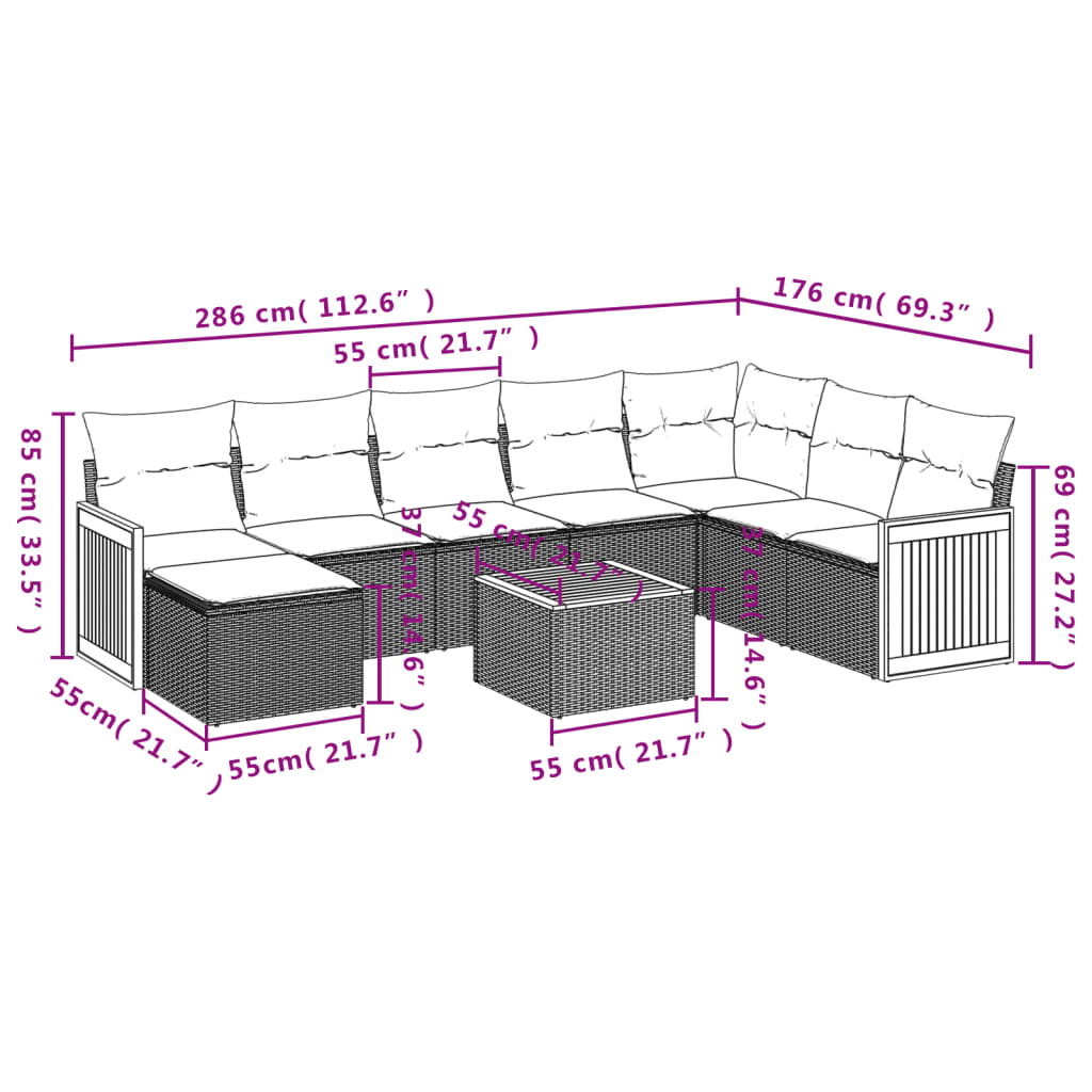 9 Pcs conjunto de sofás p/ jardim c/ almofadões vime PE preto