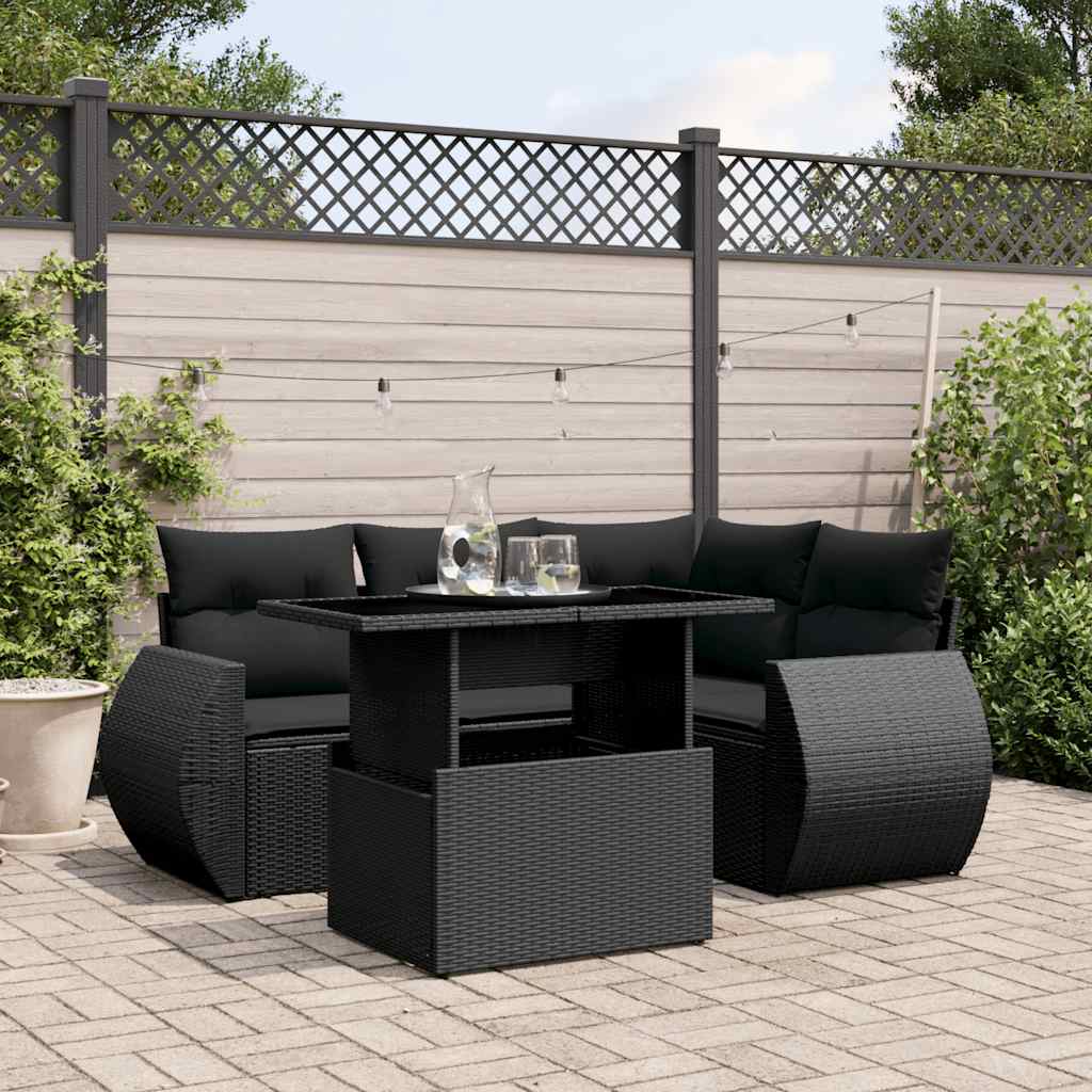 5 Pcs conjunto sofás de jardim com almofadões vime PE preto
