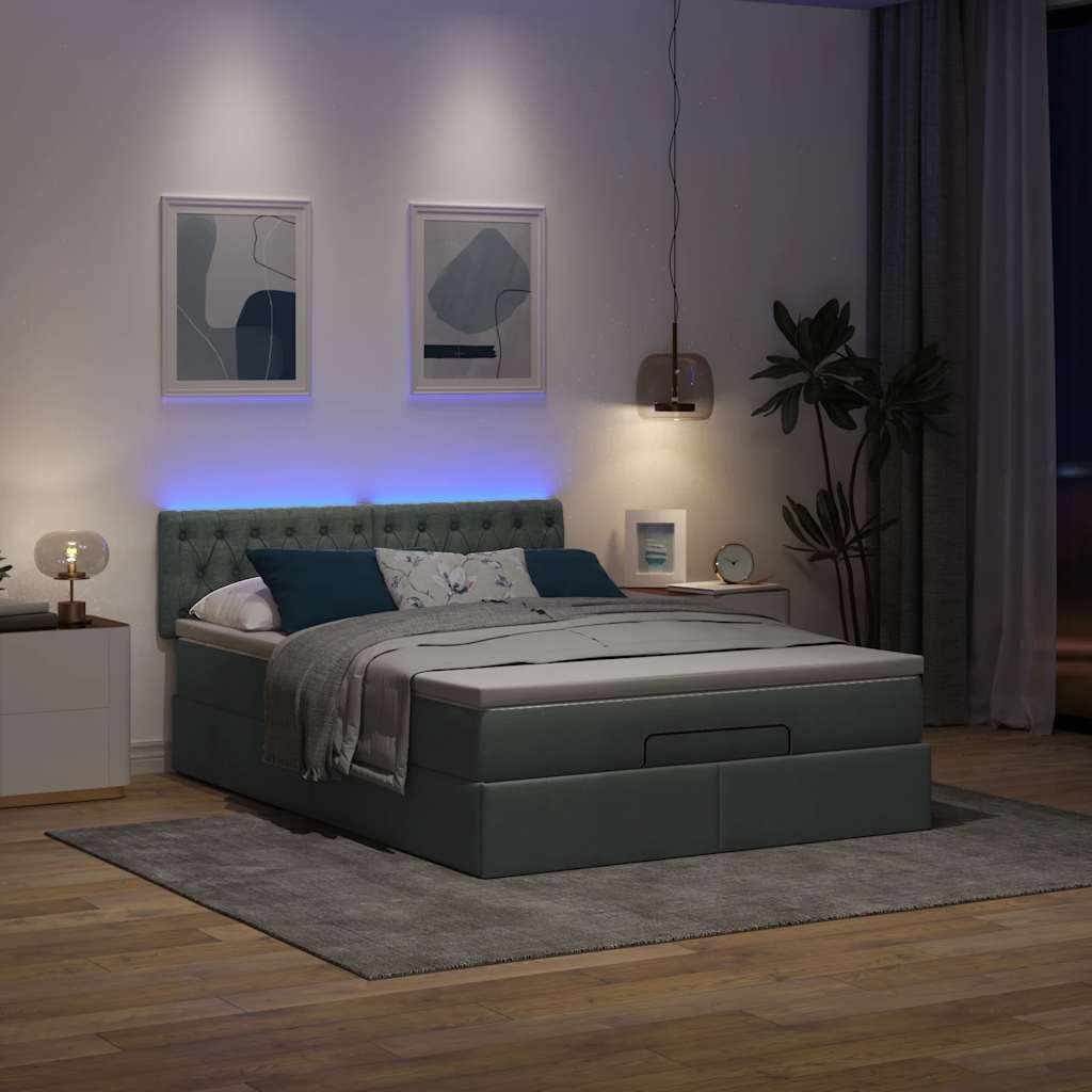 Cama otomana com colchão & leds cinzento escuro 140x190cm