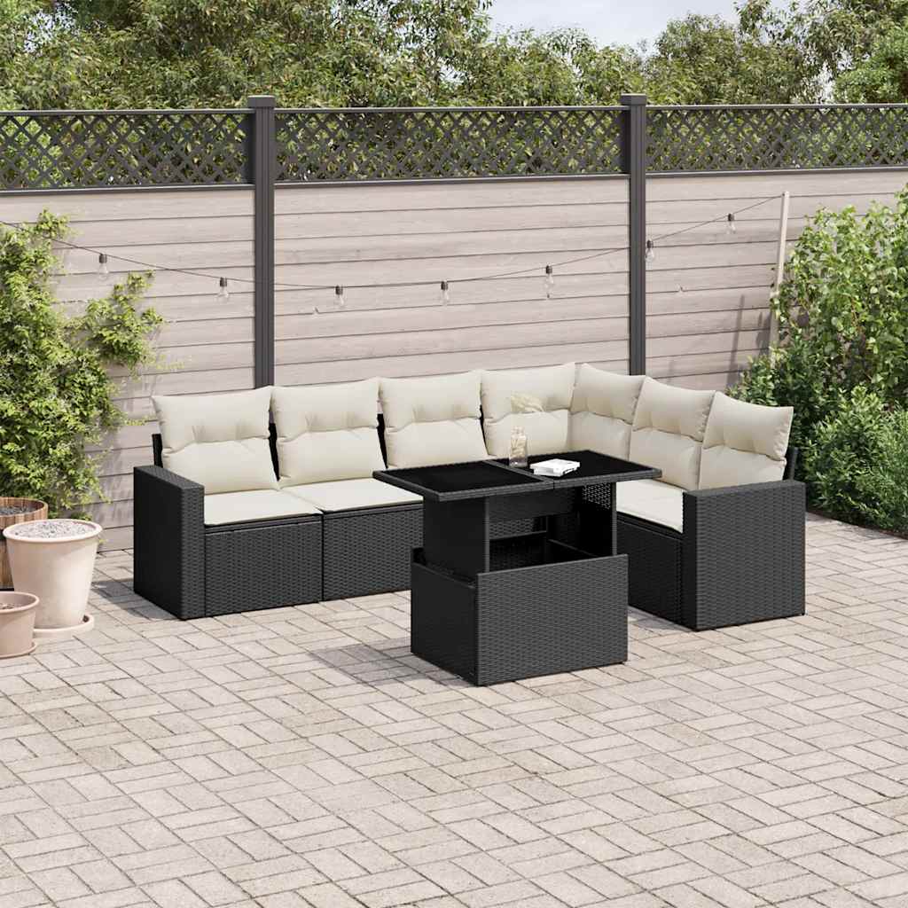 7 Pcs conjunto de sofás p/ jardim c/ almofadões vime PE preto