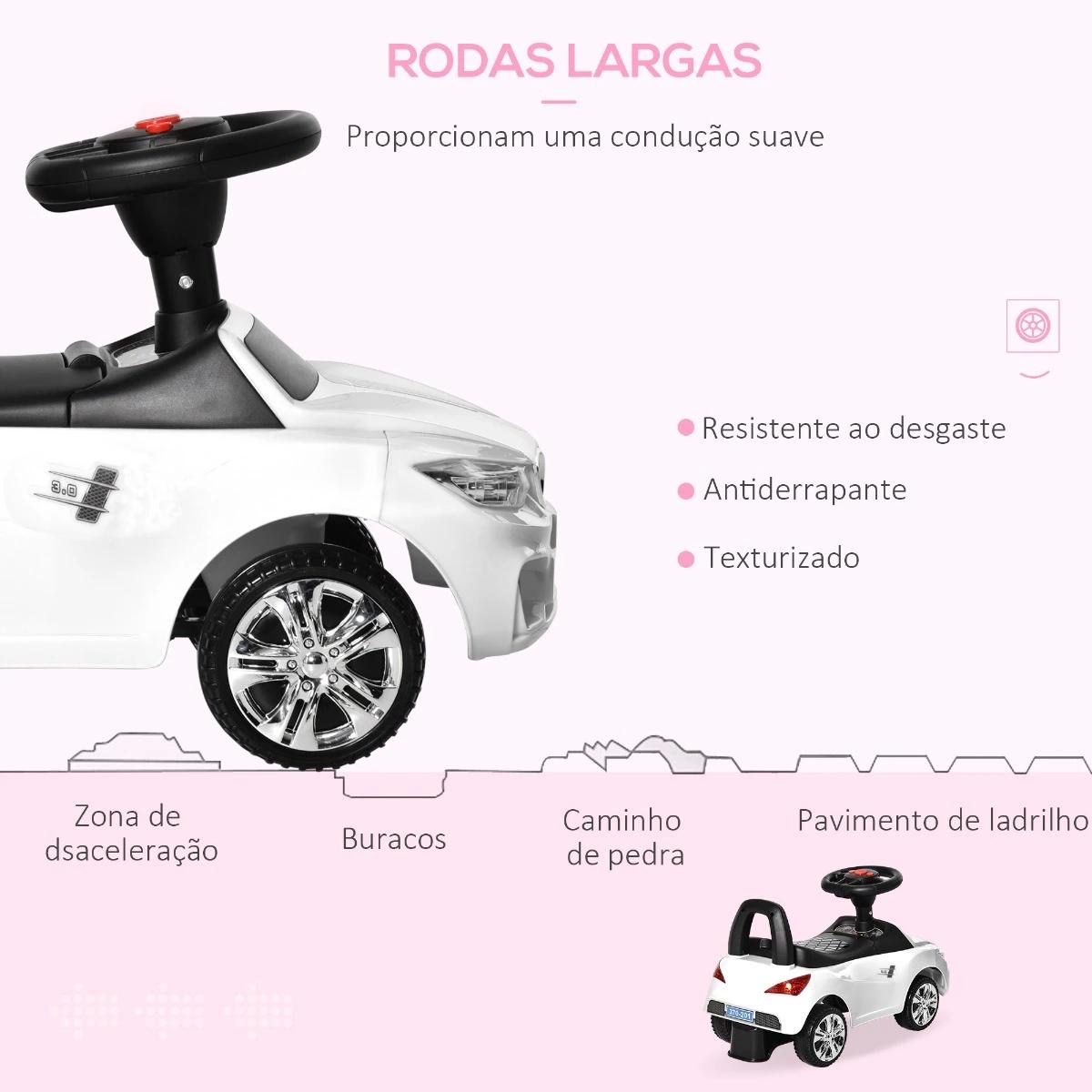 Carro Andador para Crianças de 18-36 Meses com Faróis Música Buzina Volante Compartimento de Armazenamento e Alça para Empurrar