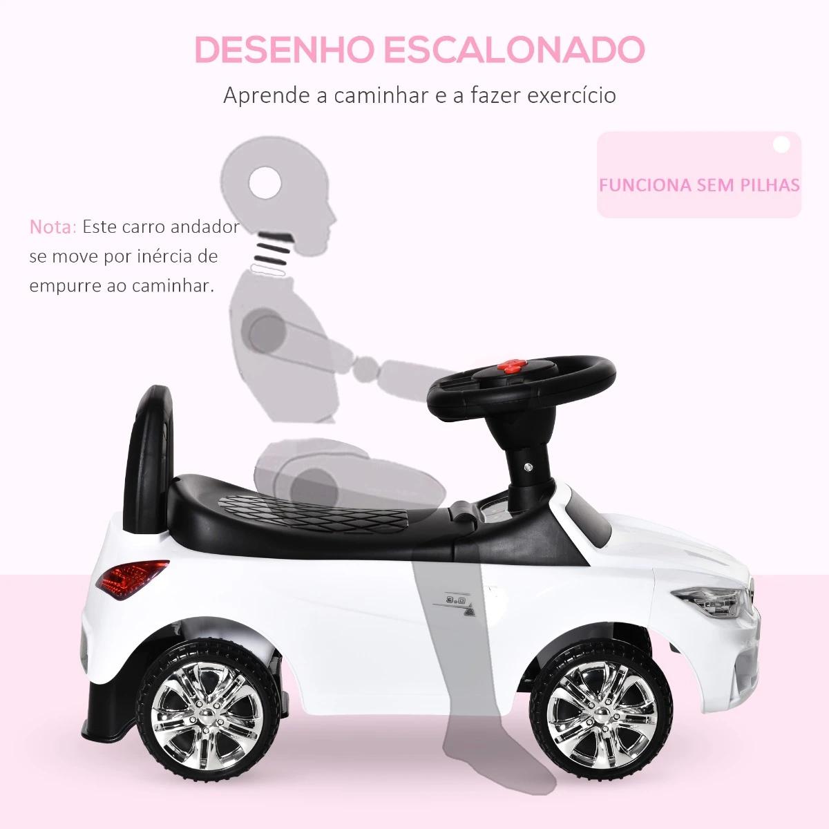 Carro Andador para Crianças de 18-36 Meses com Faróis Música Buzina Volante Compartimento de Armazenamento e Alça para Empurrar