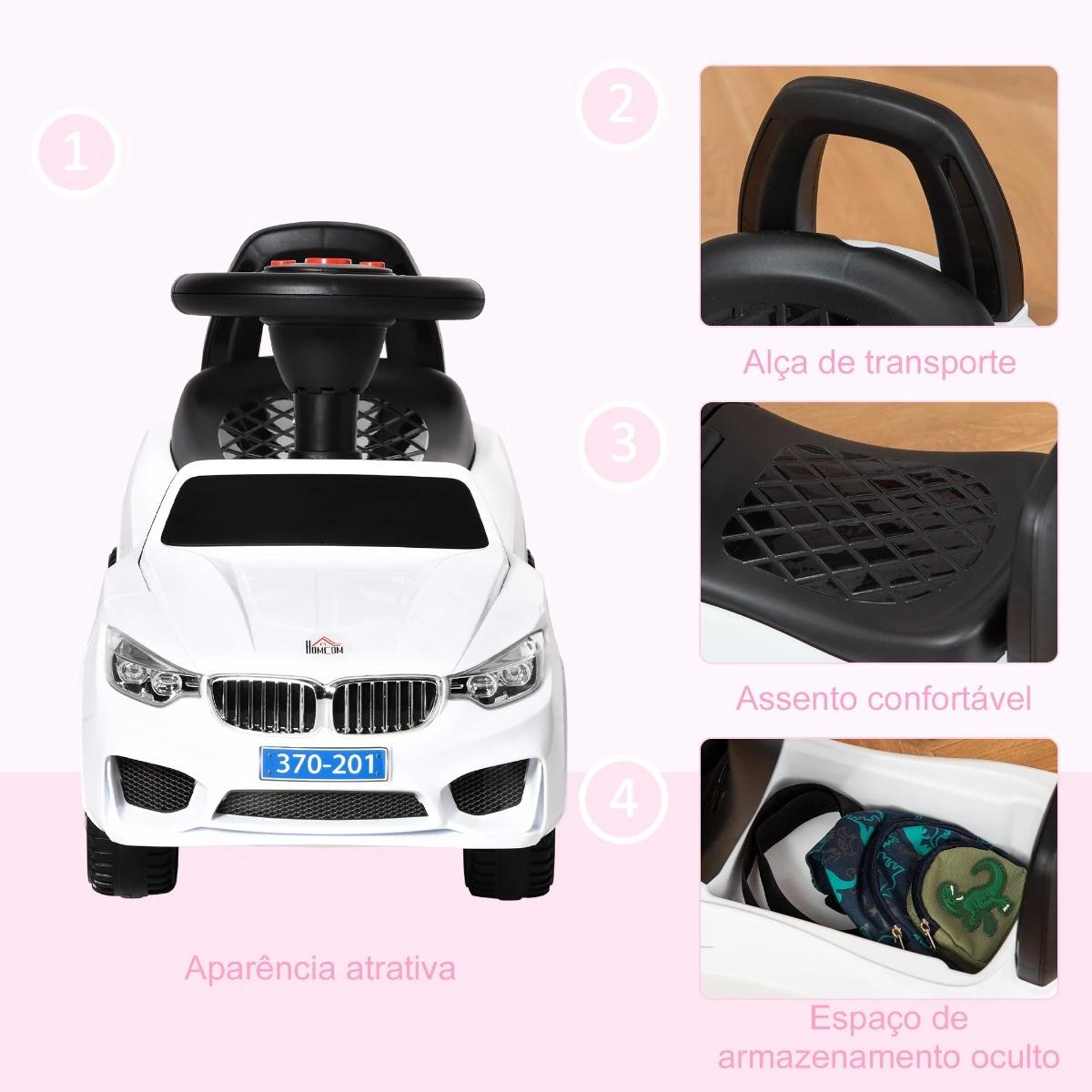 Carro Andador para Crianças de 18-36 Meses com Faróis Música Buzina Volante Compartimento de Armazenamento e Alça para Empurrar