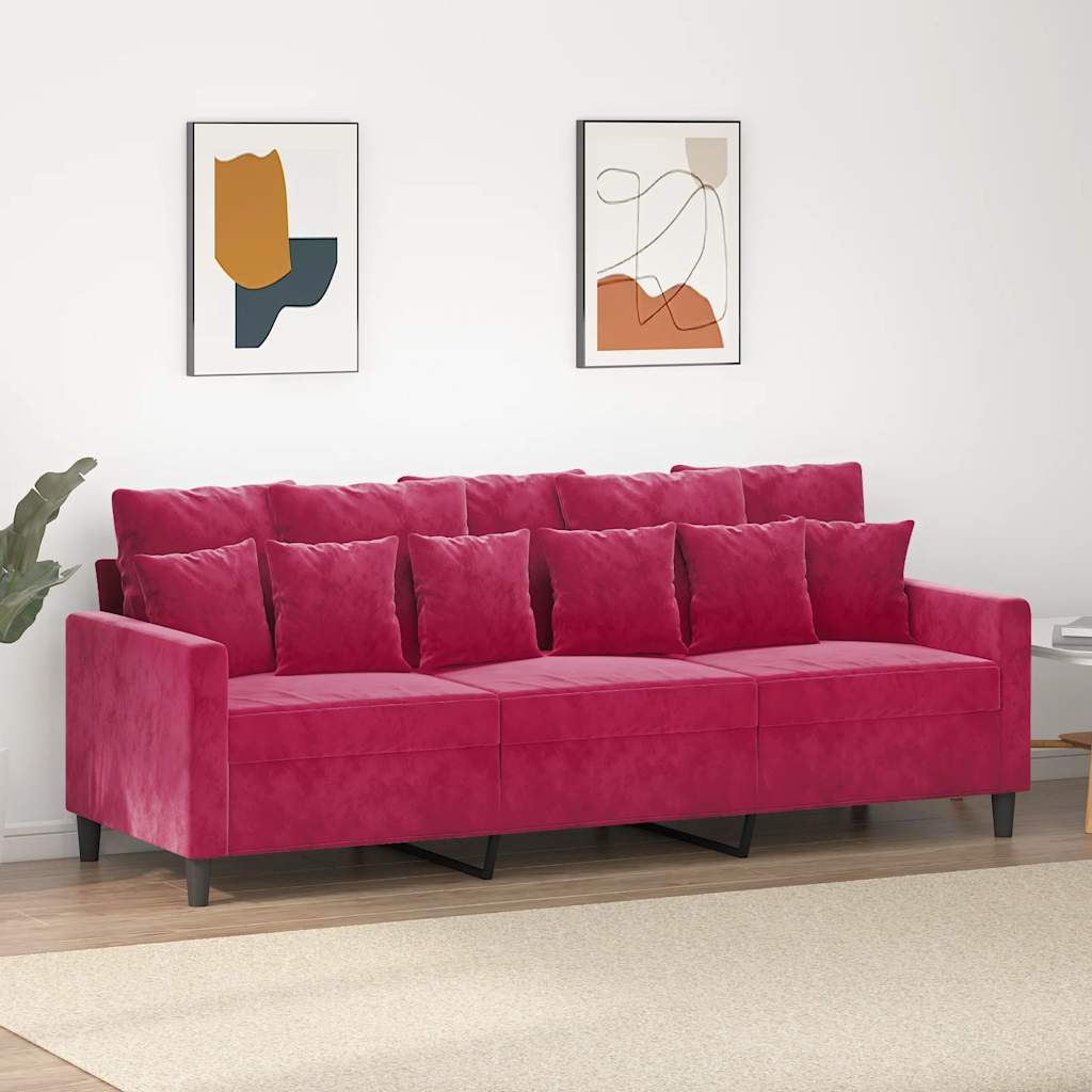 Sofá de 3 lugares veludo 180 cm vermelho tinto