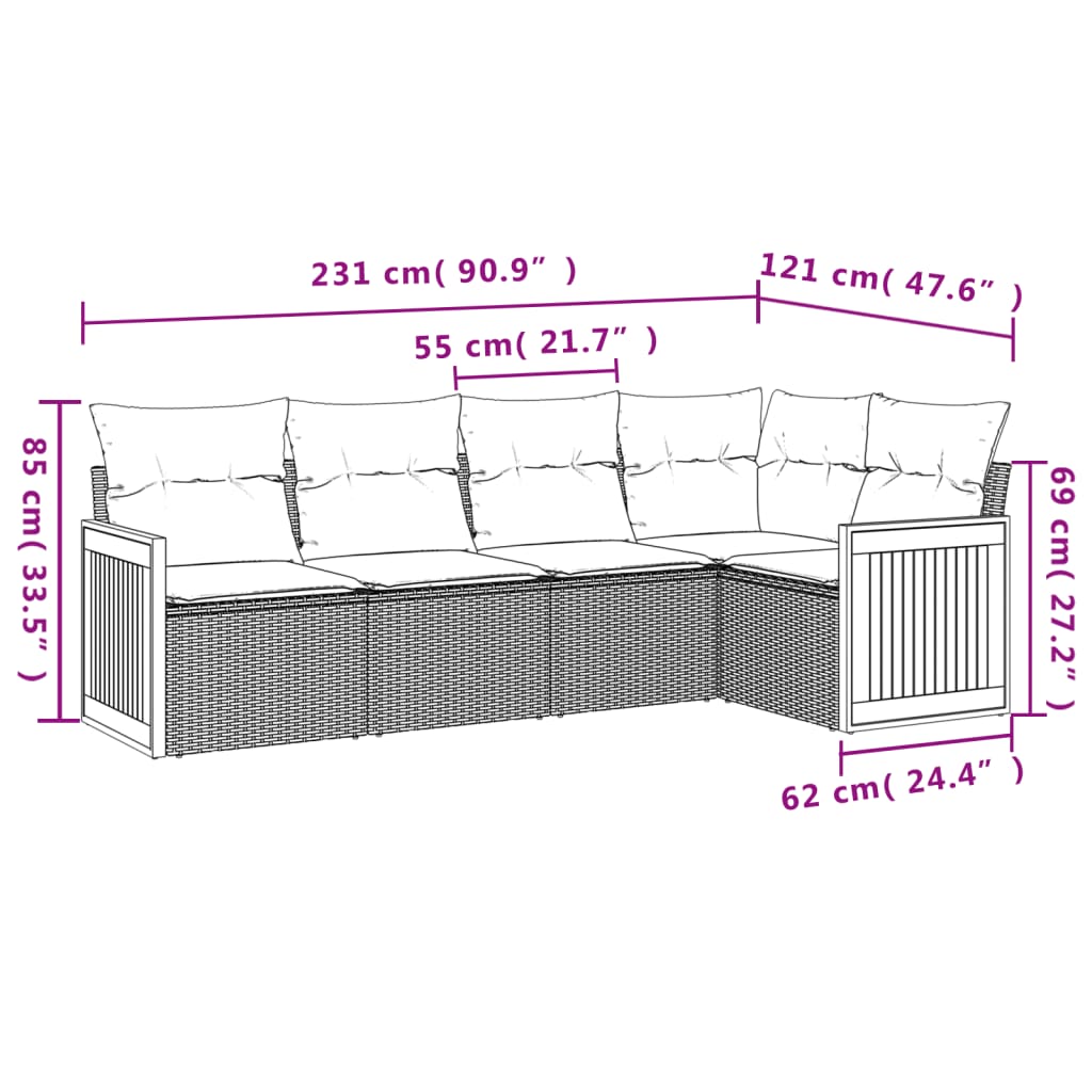 5 Pcs conjunto de sofás p/ jardim com almofadões vime PE bege