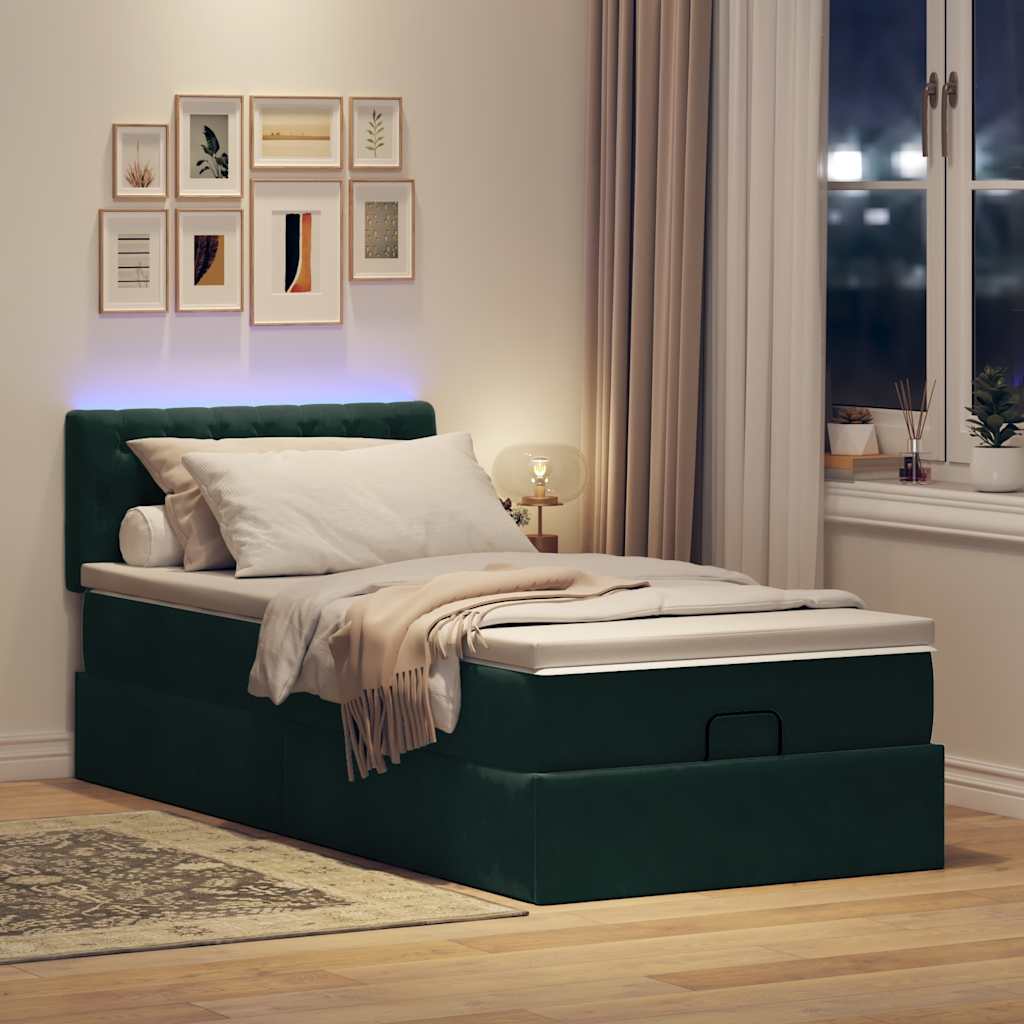 Cama otomana com colchão & leds 80x200cm veludo verde-escuro