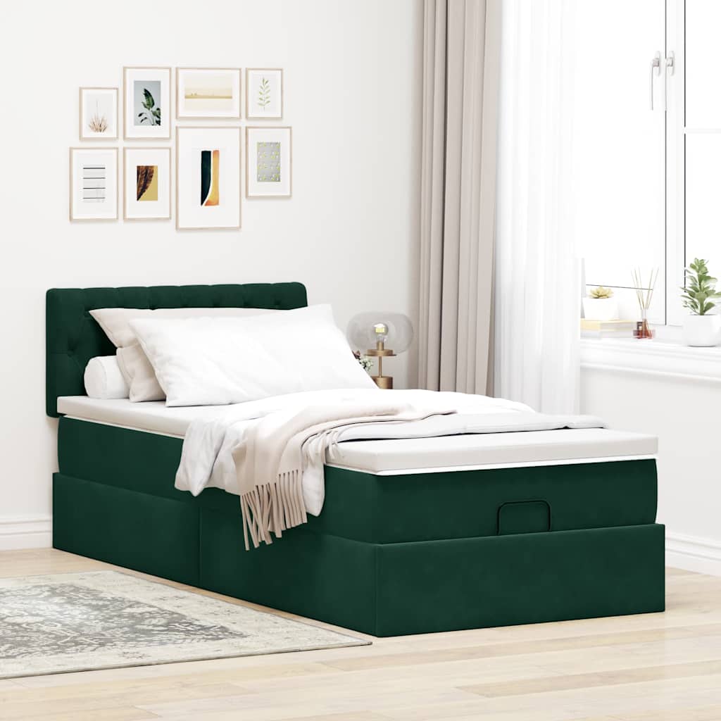 Cama otomana com colchão & leds 80x200cm veludo verde-escuro