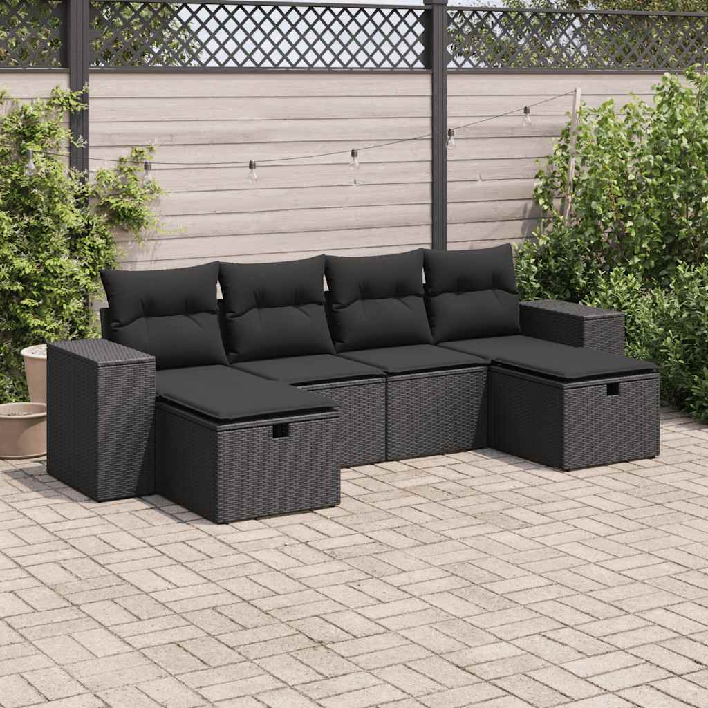 6 Pcs conjunto sofás de jardim c/ almofadões vime PE preto