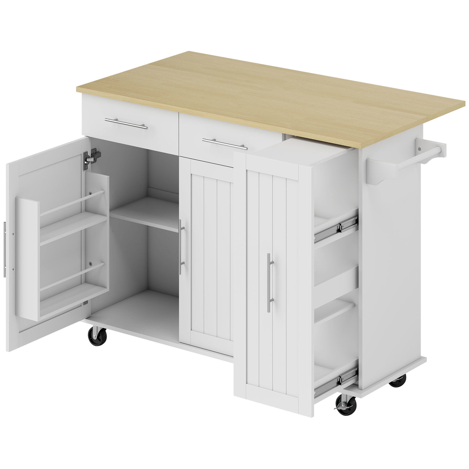 Ilha de cozinha com rodas bancada dobrável 2 portas com fecho suave e bandeja extraível 129x65x91 cm branco