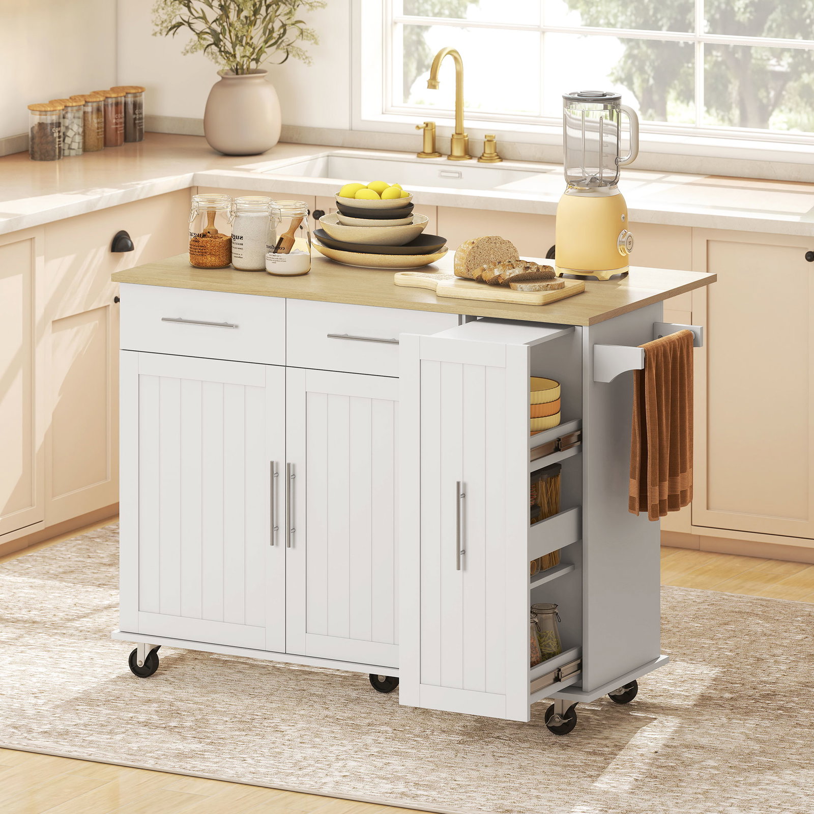 Ilha de cozinha com rodas bancada dobrável 2 portas com fecho suave e bandeja extraível 129x65x91 cm branco