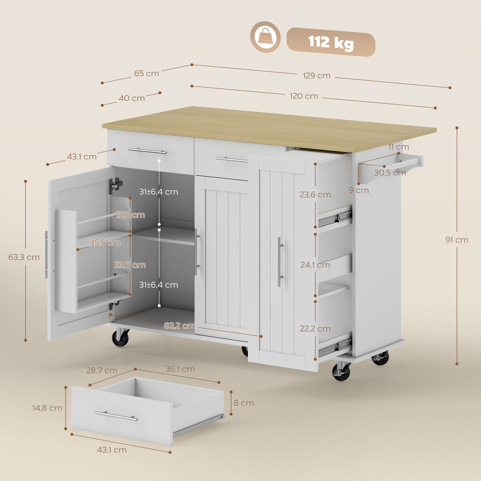 Ilha de cozinha com rodas bancada dobrável 2 portas com fecho suave e bandeja extraível 129x65x91 cm branco