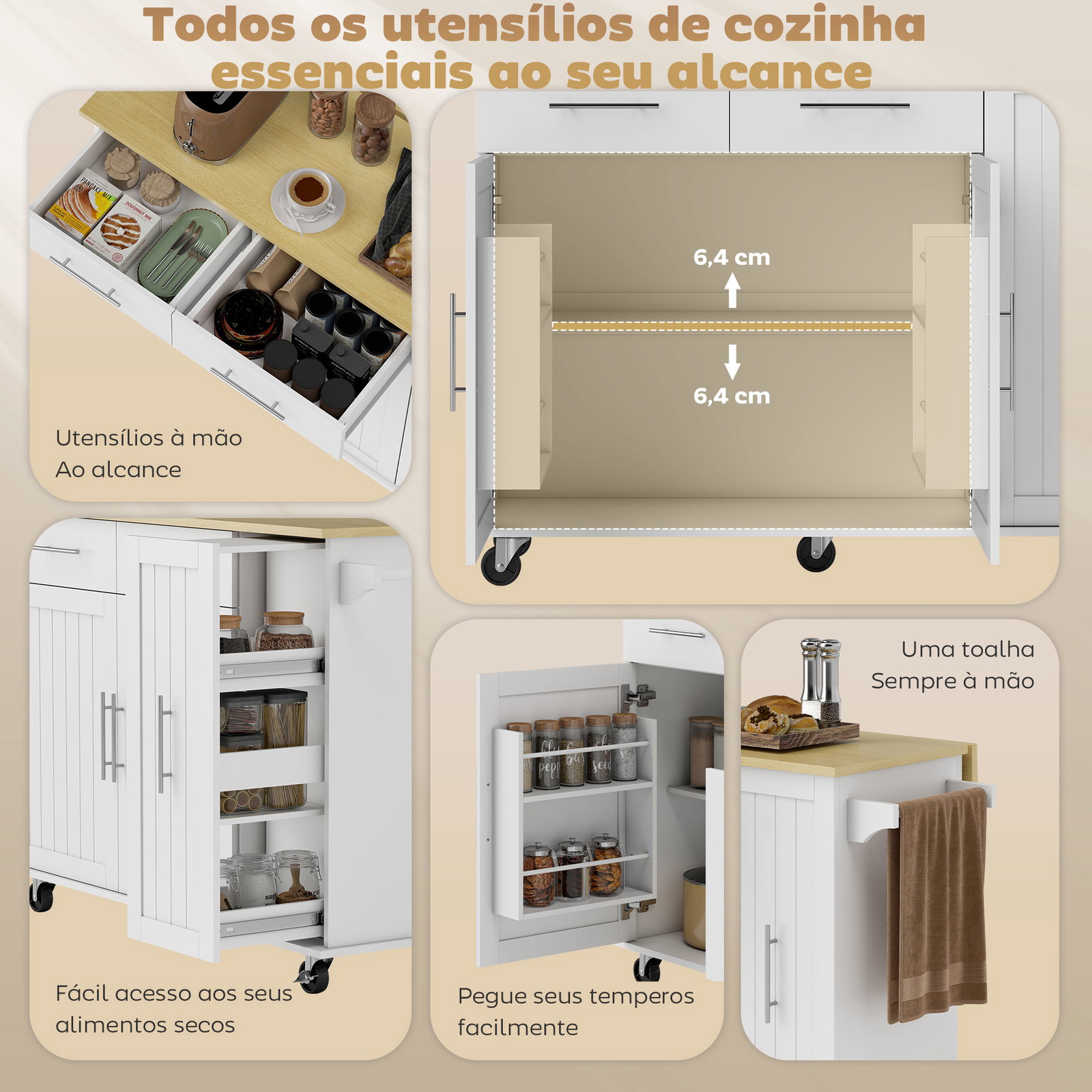 Ilha de cozinha com rodas bancada dobrável 2 portas com fecho suave e bandeja extraível 129x65x91 cm branco