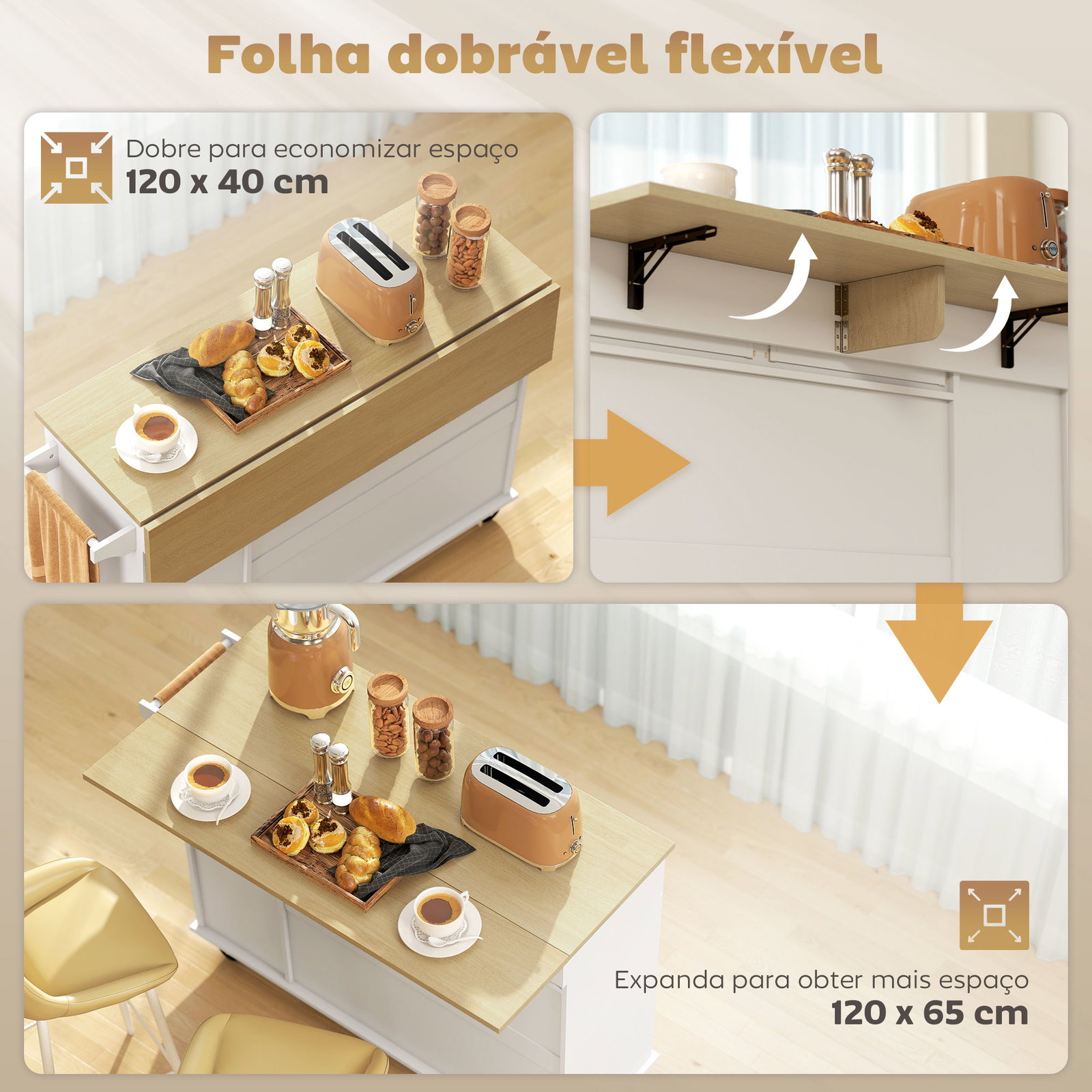 Ilha de cozinha com rodas bancada dobrável 2 portas com fecho suave e bandeja extraível 129x65x91 cm branco