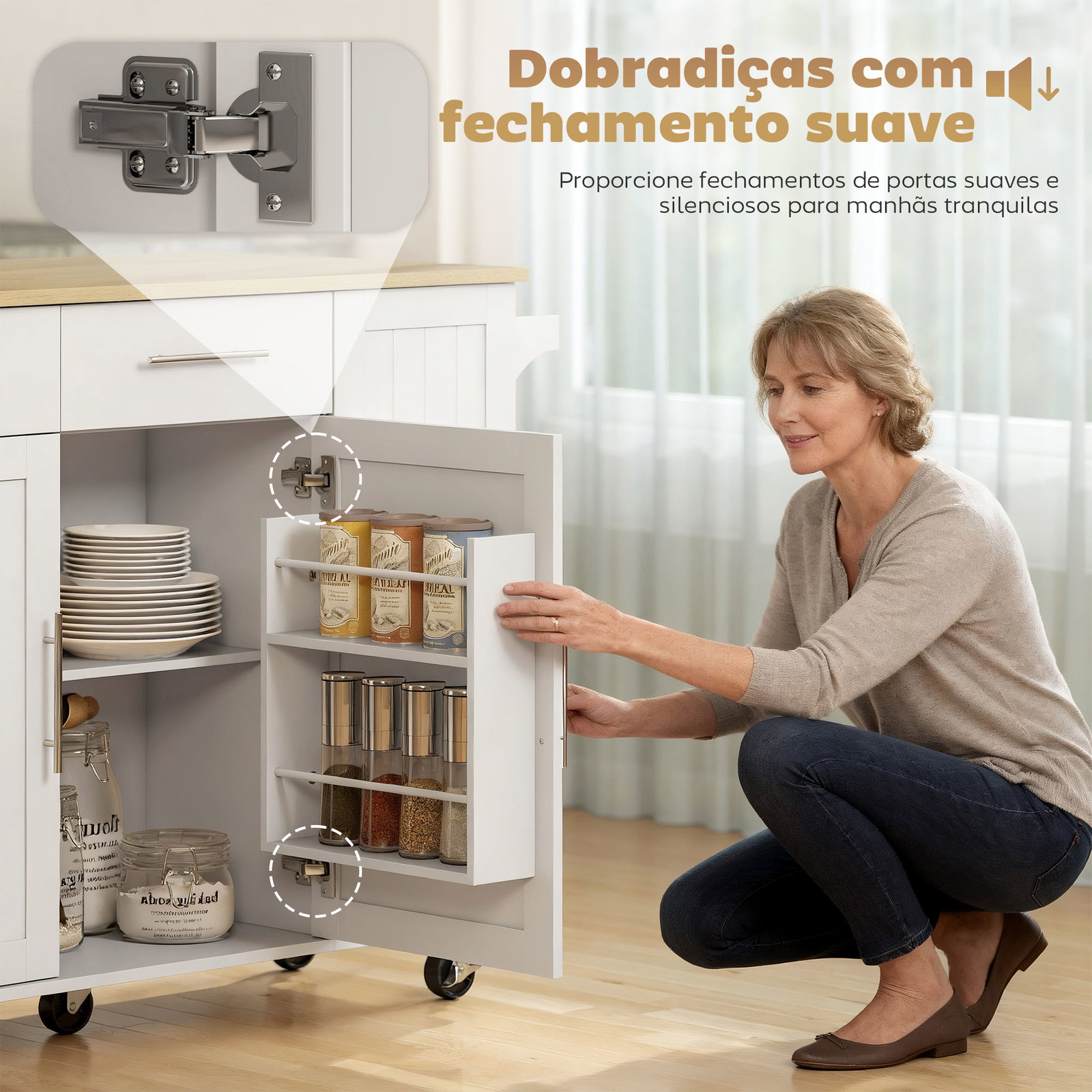 Ilha de cozinha com rodas bancada dobrável 2 portas com fecho suave e bandeja extraível 129x65x91 cm branco