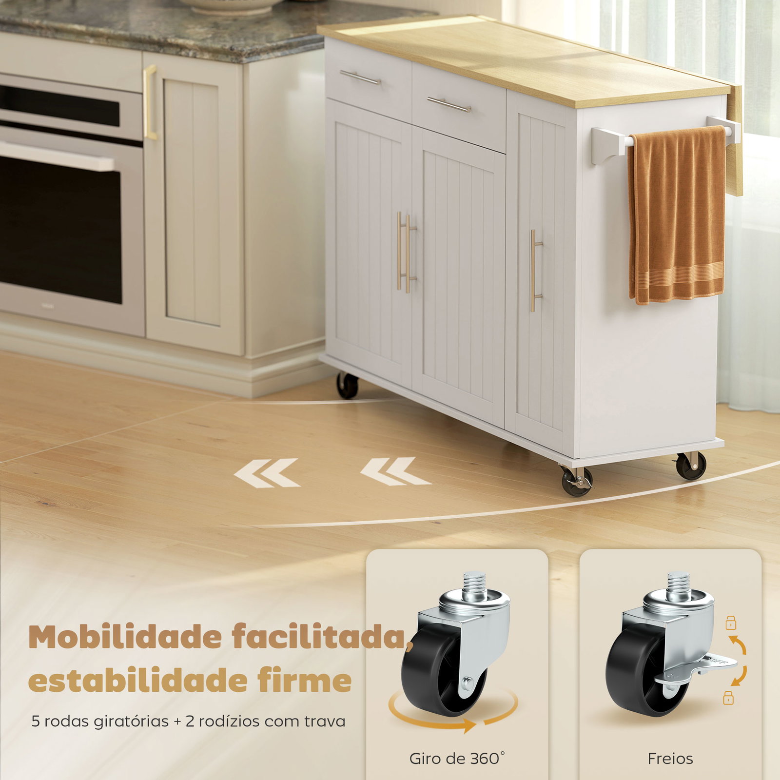 Ilha de cozinha com rodas bancada dobrável 2 portas com fecho suave e bandeja extraível 129x65x91 cm branco