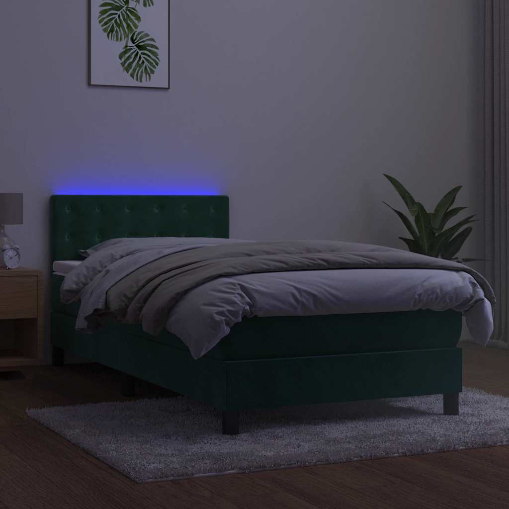Cama box spring c/ colchão/LED 100x200 cm veludo verde-escuro