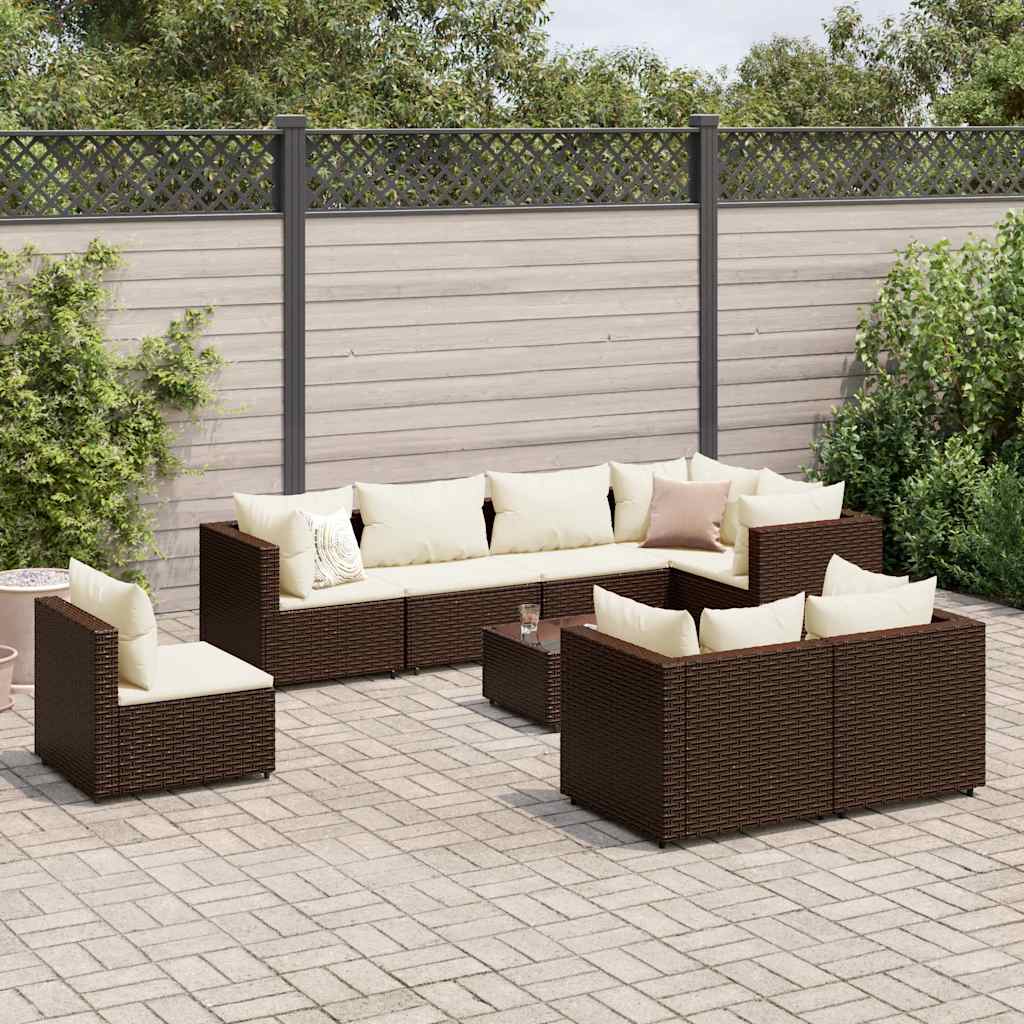 9 Pcs conjunto lounge de jardim c/ almofadões vime PE castanho