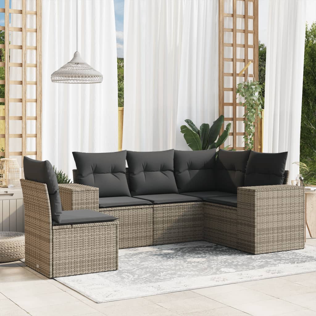 5 Pcs conjunto sofás de jardim c/ almofadões vime PE cinzento