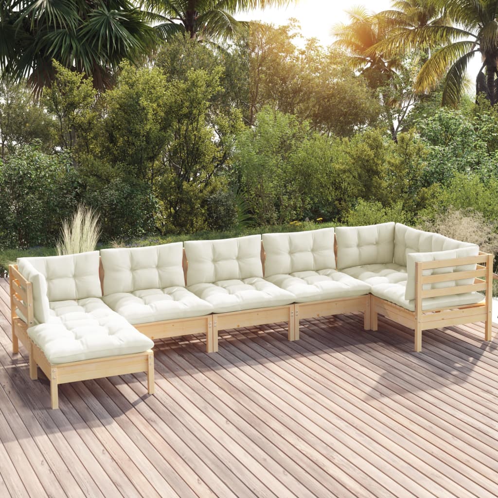 7 Pcs conjunto lounge jardim c/ almofadões creme pinho maciço
