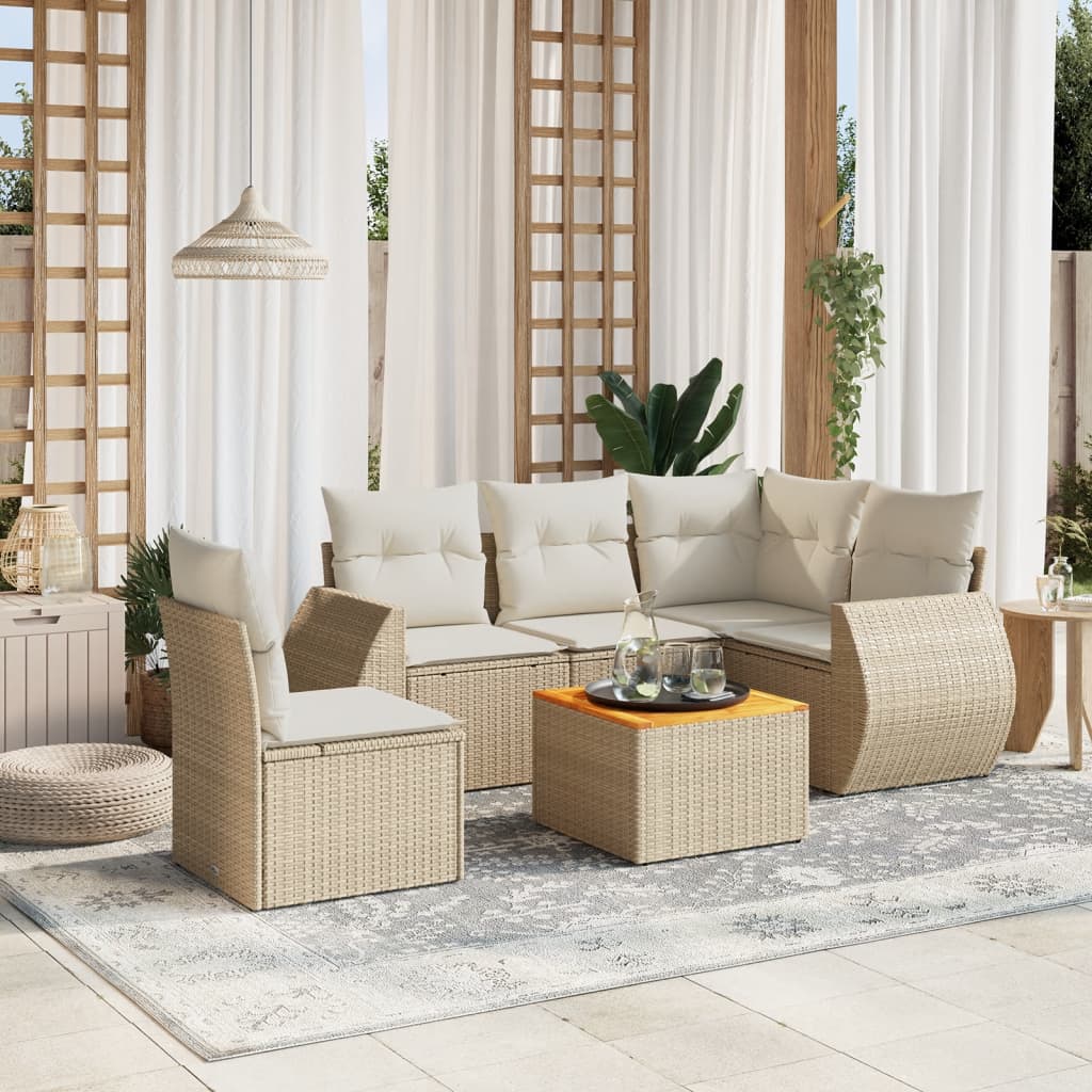 6 Pcs conjunto de sofás p/ jardim com almofadões vime PE bege