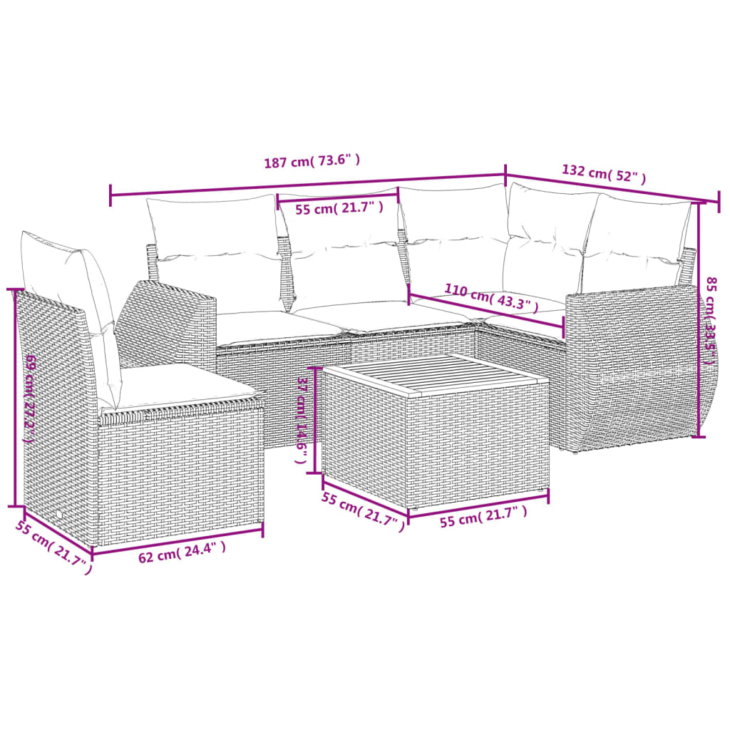 6 Pcs conjunto de sofás p/ jardim com almofadões vime PE bege