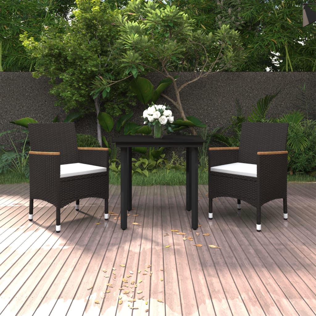 3 Pcs conjunto de jantar p/ jardim c/ almofadões vime PE/vidro