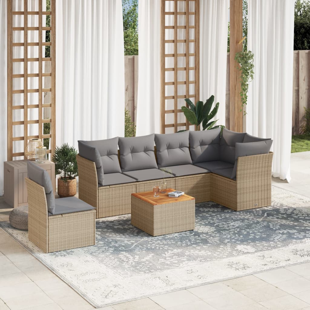 7 Pcs conj. sofás jardim c/ almofadões vime PE bege misturado