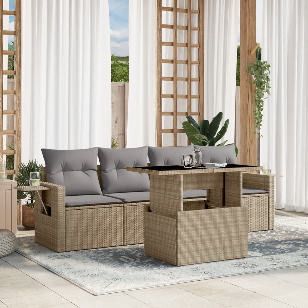 5 Pcs conjunto de sofás p/ jardim com almofadões vime PE bege