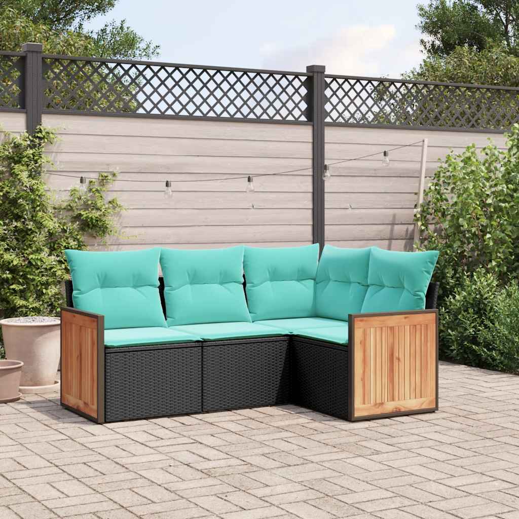 Conjunto de sofá de jardim com 4 peças e almofadas em rattan sintético preto