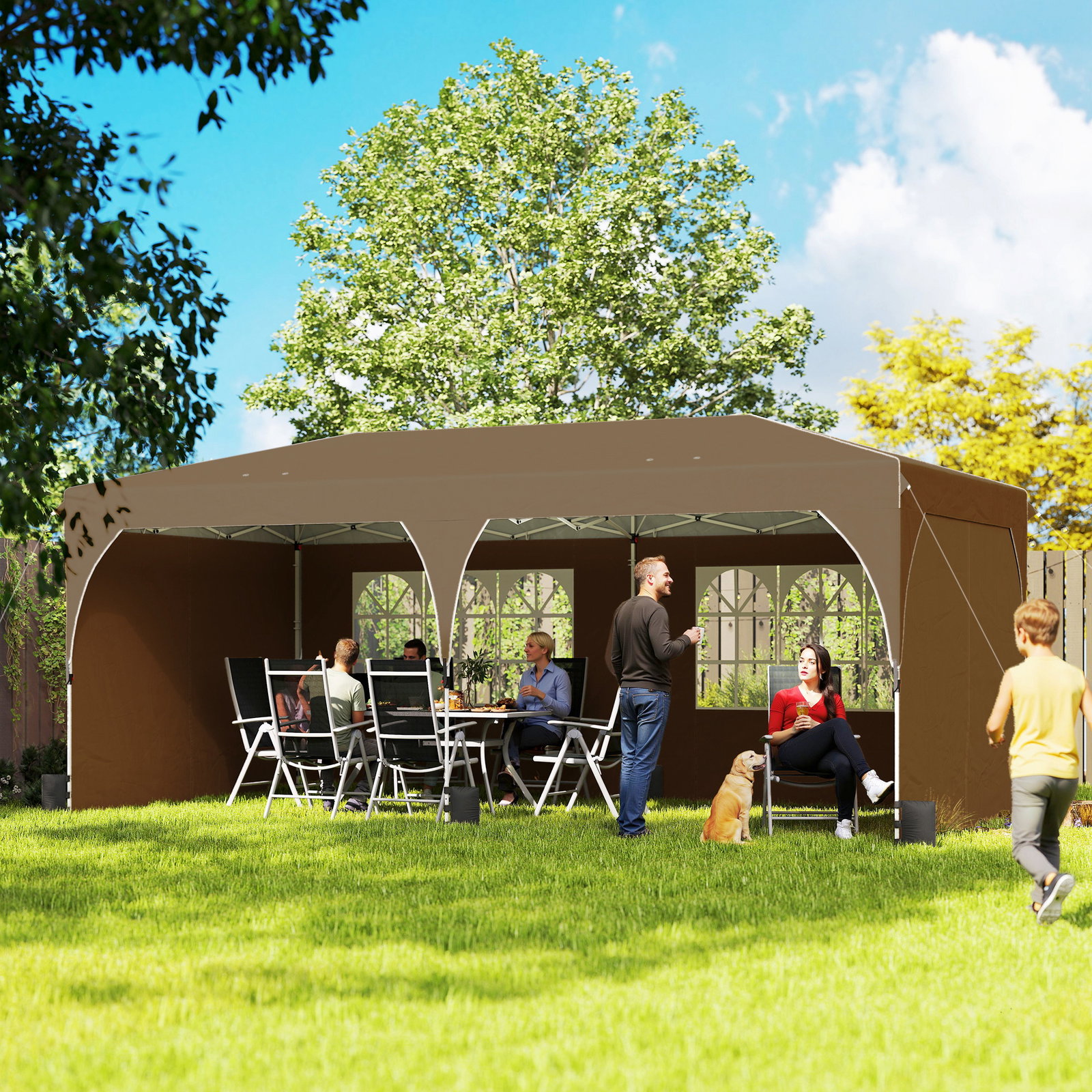 Tenda dobrável 6x3 m pop-up com 4 laterais amovíveis tenda de jardim com faixas refletoras altura ajustável upf50+ bege
